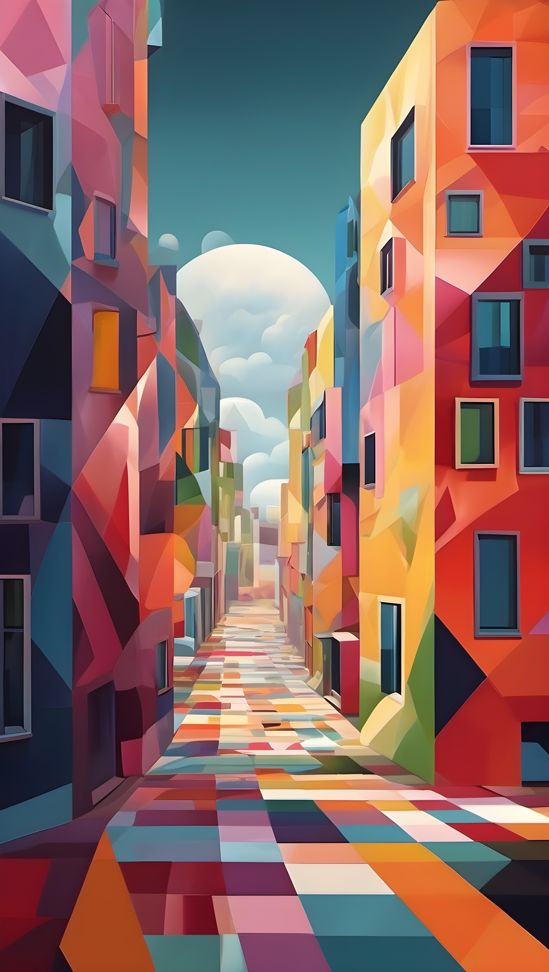 Vibrant Geometric Cityscape Alley Wallpaper, abstract cityscape, geometric art, vibrant street, colorful buildings, alleyway wallpaper, modern illustration