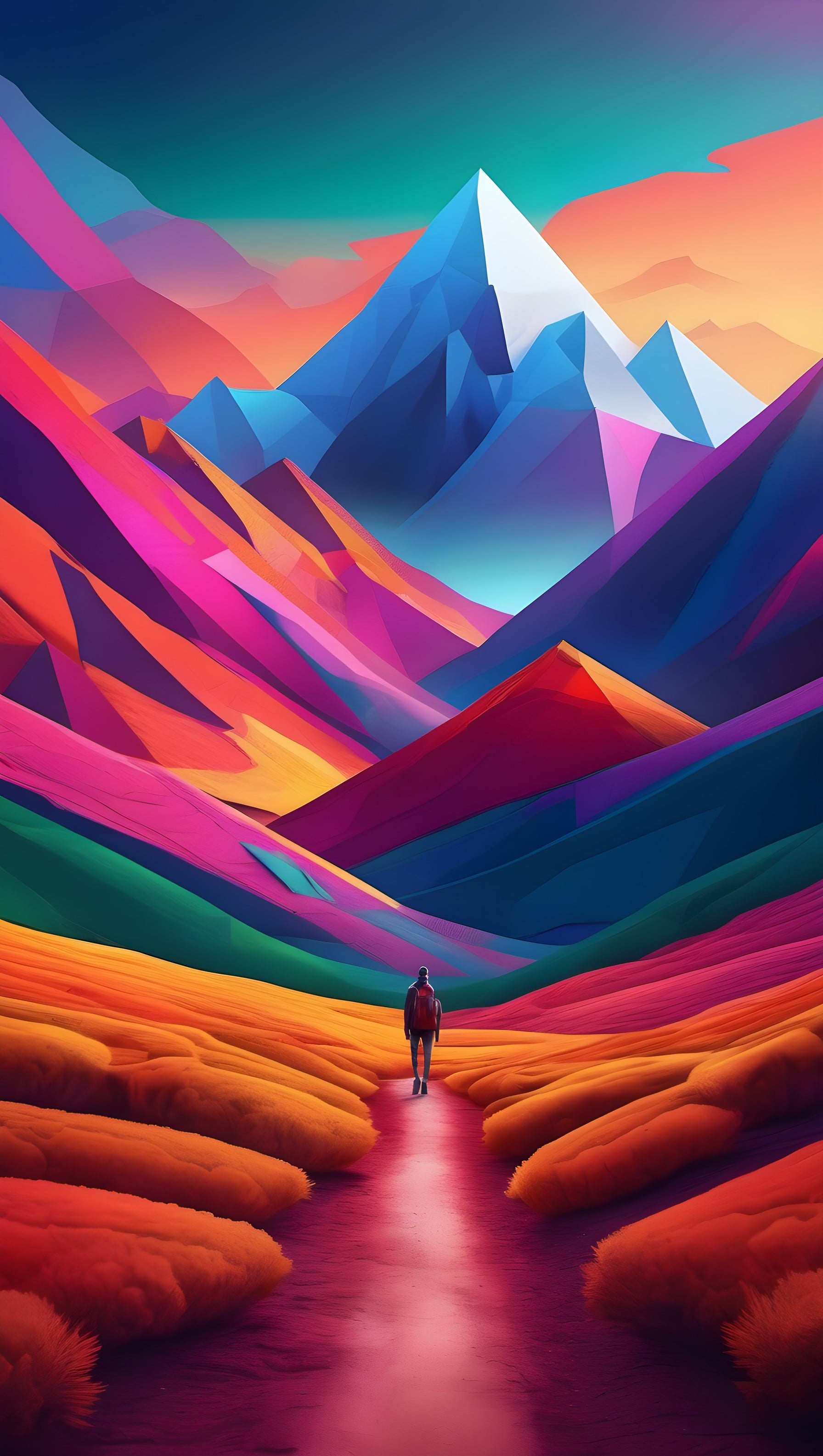 Vibrant Geometric Mountain Path Explorer Wallpaper, geometric, abstract, vibrant, colorful, mountain, landscape