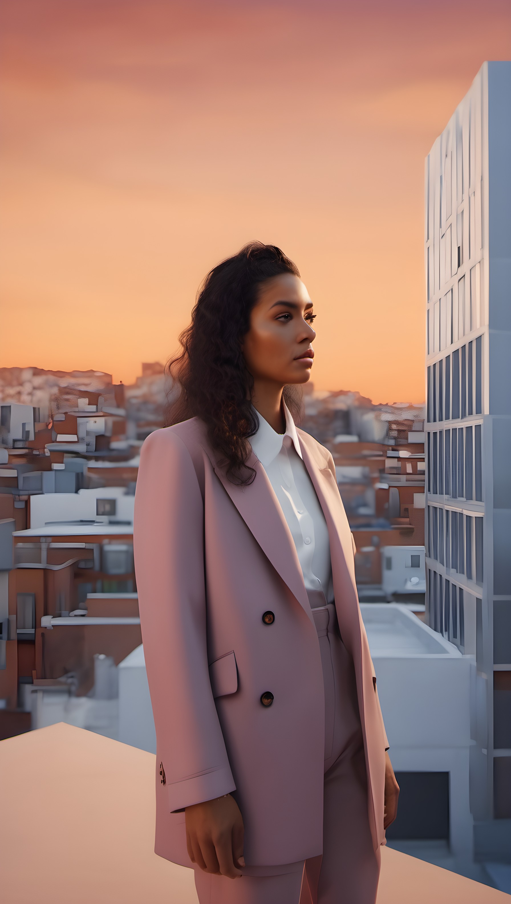 Stylish Woman on City Rooftop at Sunset, stylish woman, city rooftop, sunset, urban, peach sky, pink suit