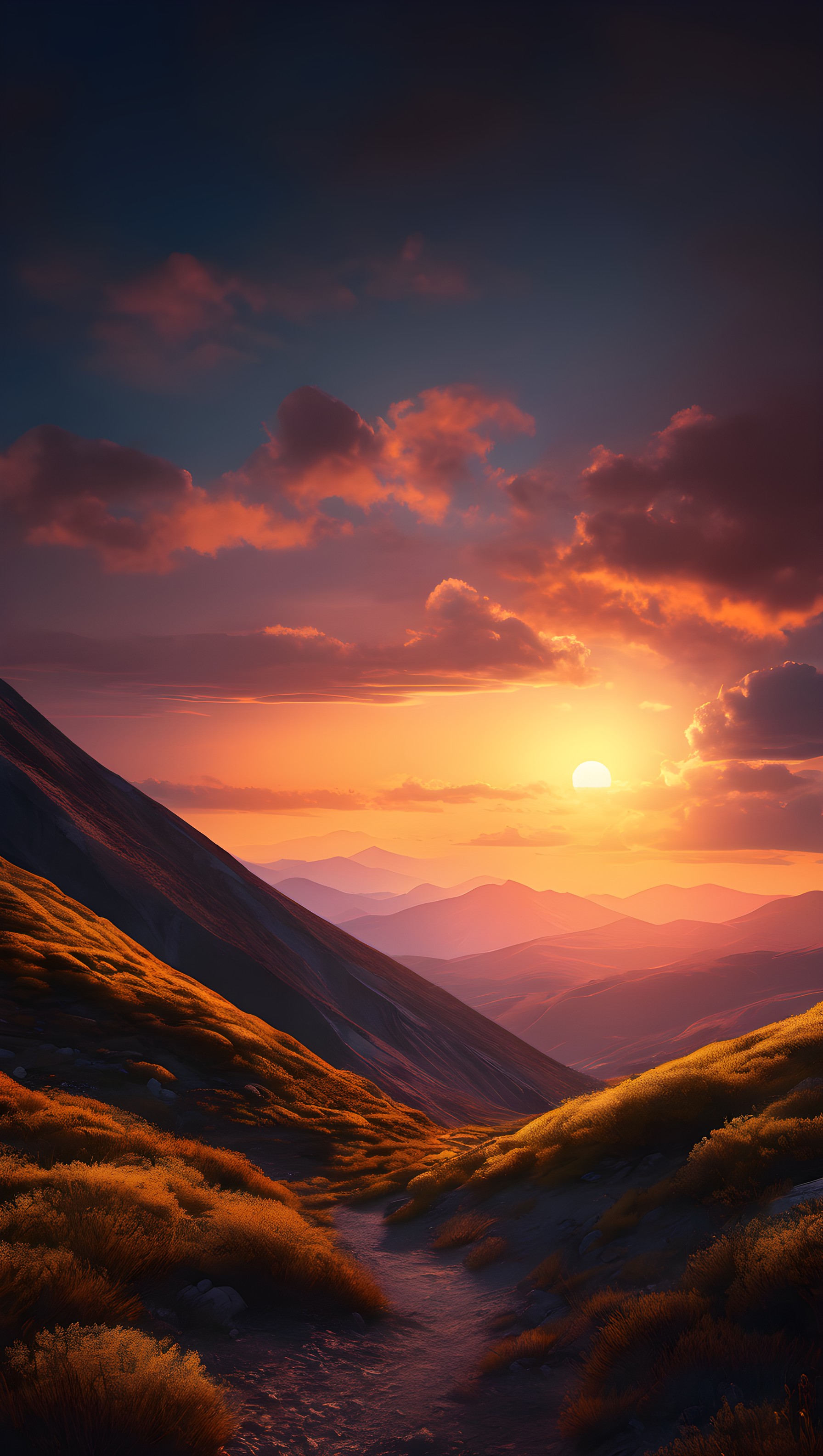 Golden Sunset Trail Through Majestic Mountain Valley, sunset mountains, mountain valley, golden hour, nature landscape, epic view, vibrant sky