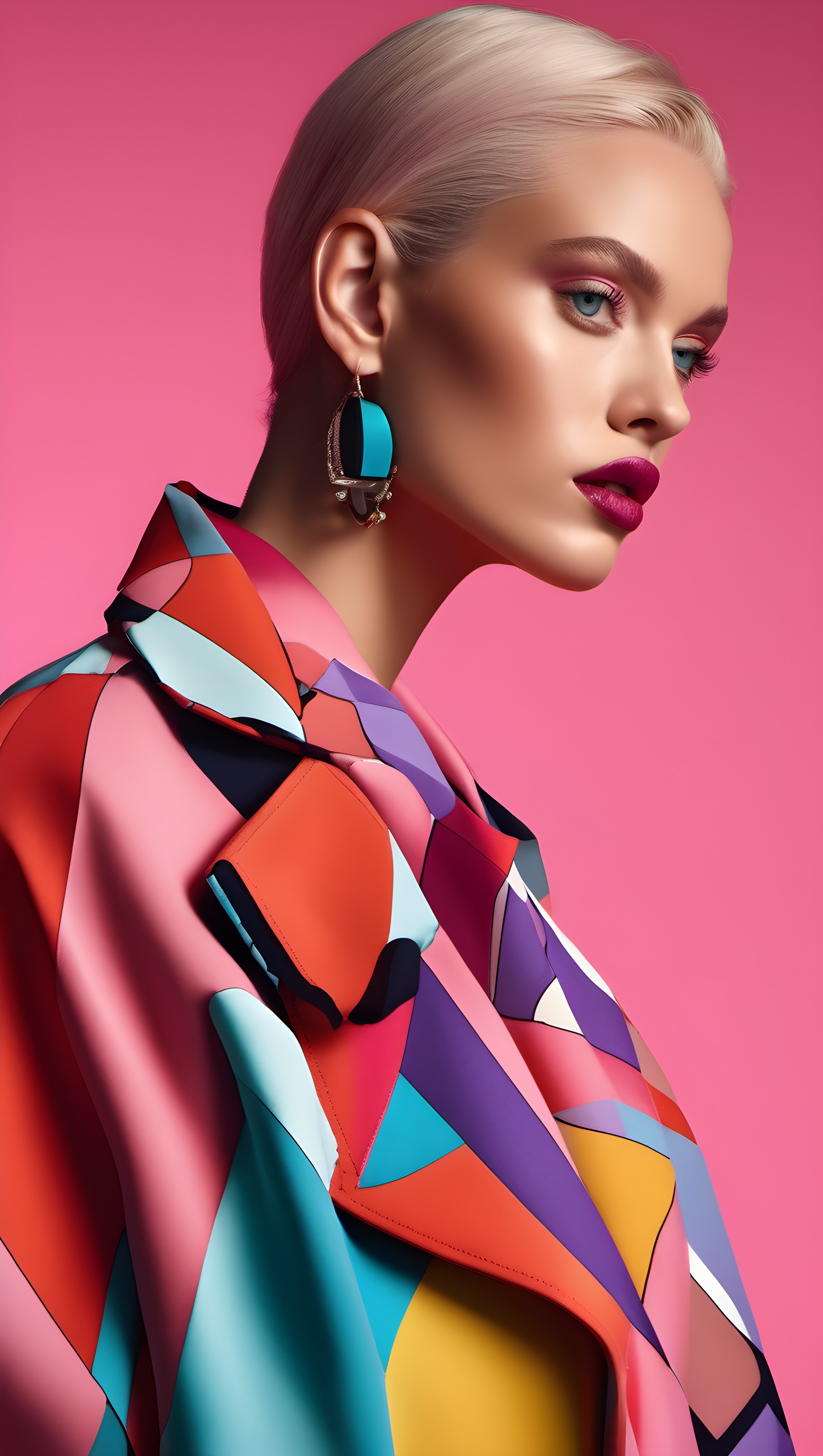 Stylish Blonde in Abstract Coat, Vibrant Pink Glamour, fashion, model, blonde, geometric, abstract, vibrant
