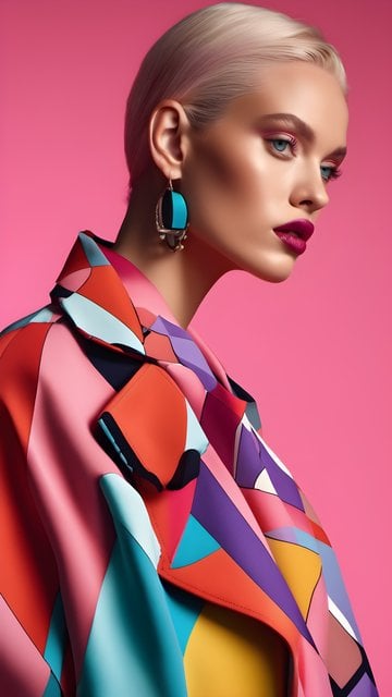 Stylish Blonde in Abstract Coat, Vibrant Pink Glamour