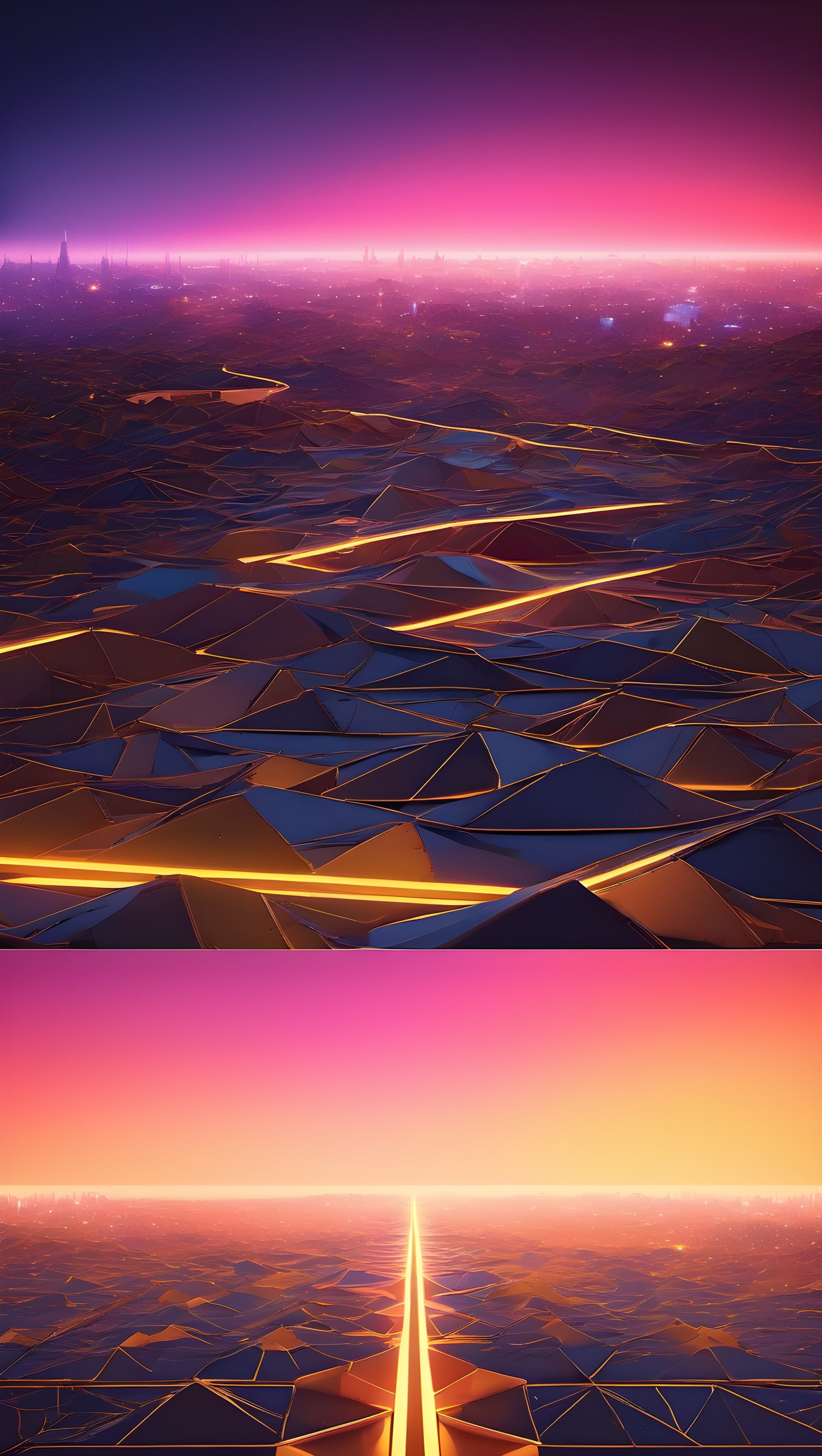 Cyberpunk Cityscape Sunset Wallpaper, futuristic, cyberpunk, cityscape, digital art, abstract, geometric
