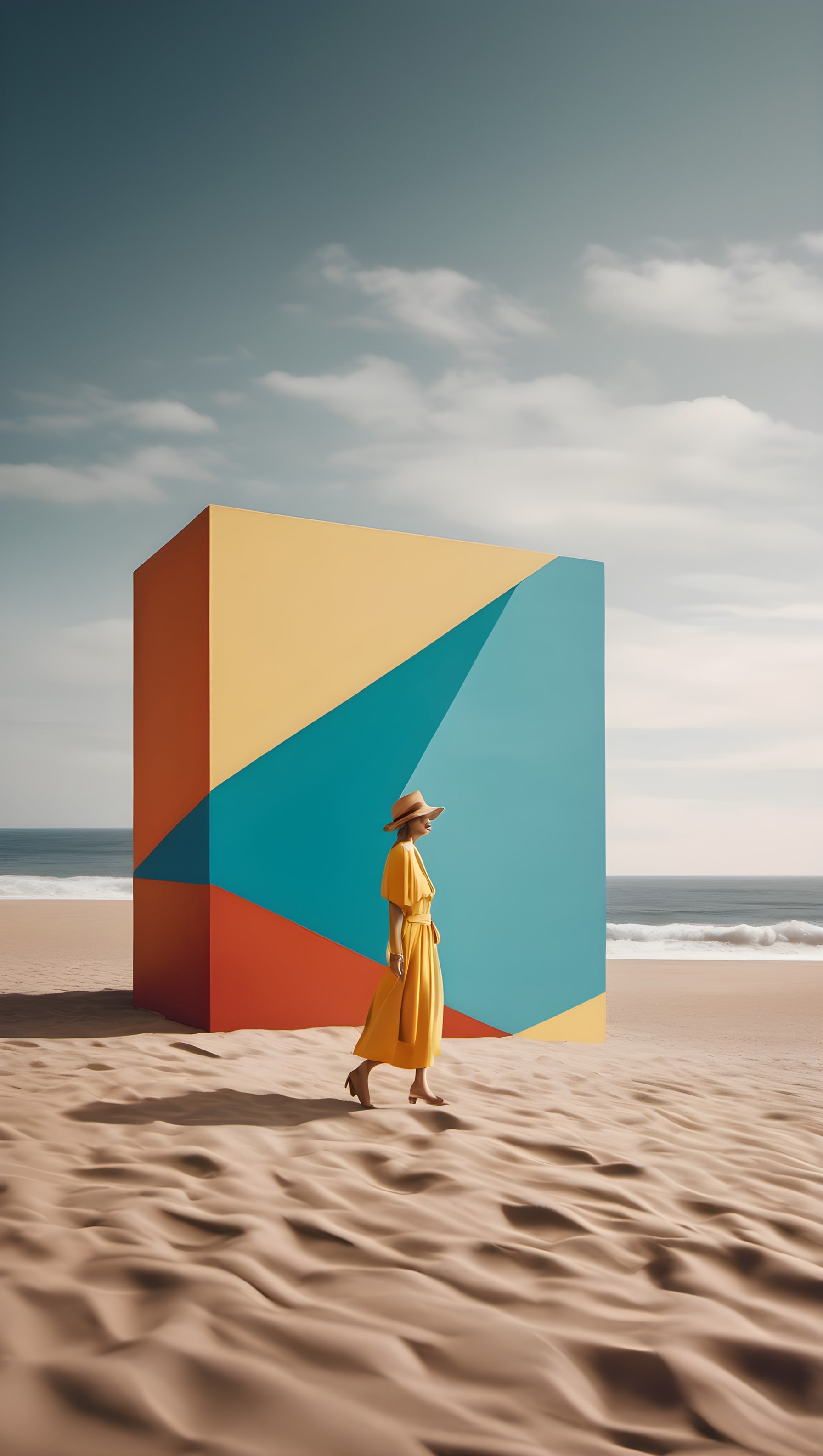 Geometric Art Beach: Woman, Cube, Ocean Sand Dunes, woman, yellow dress, beach, geometric art, abstract, modern art