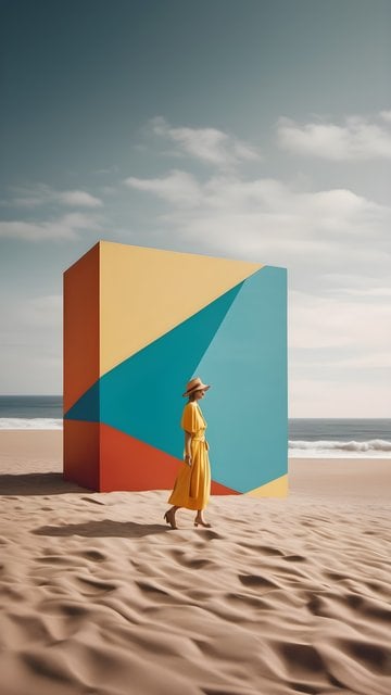 Geometric Art Beach: Woman, Cube, Ocean Sand Dunes