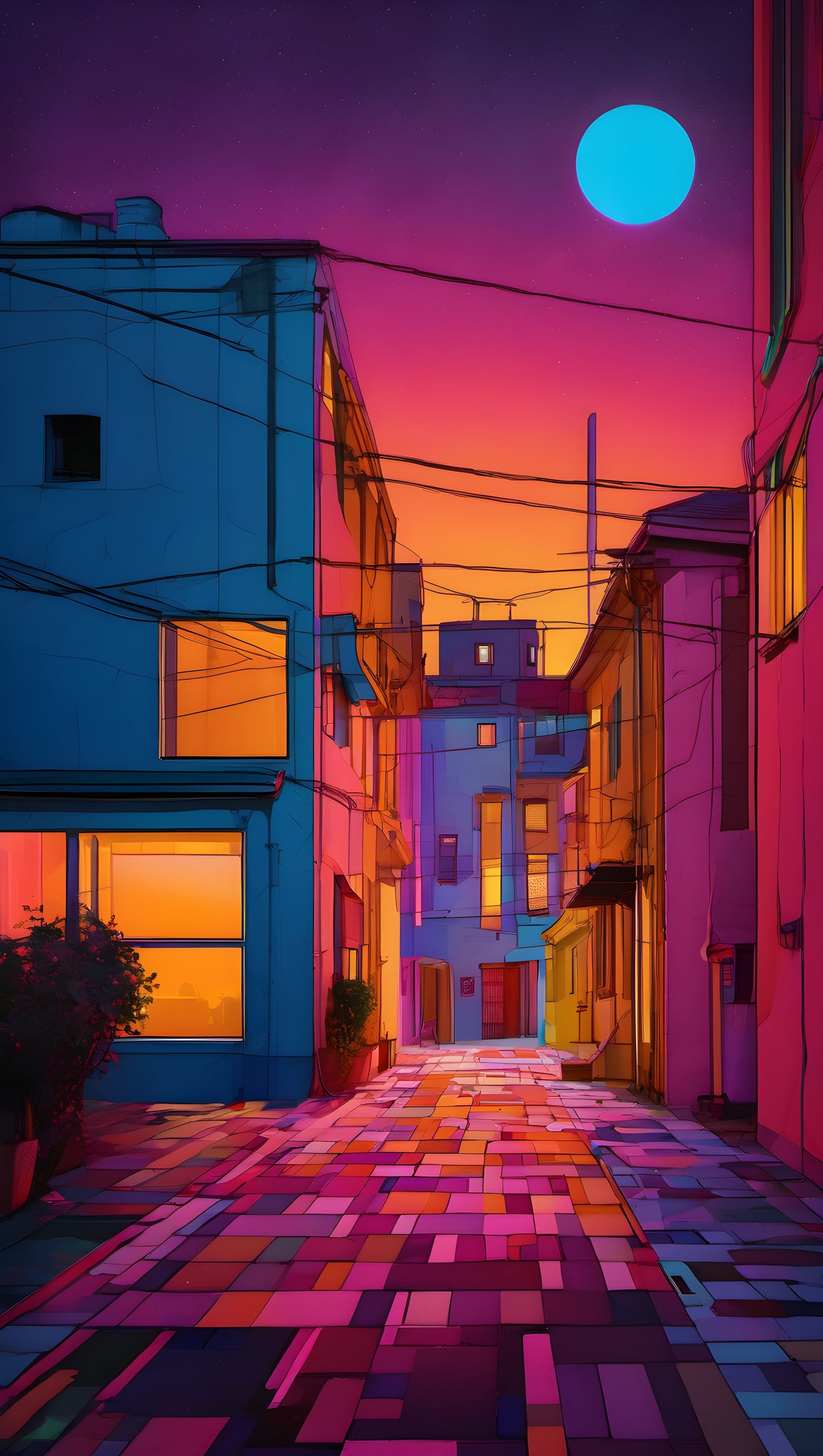 Vibrant Neon City Alley at Twilight with Blue Moon, neon city, cyberpunk, urban alley, vibrant, twilight, blue moon
