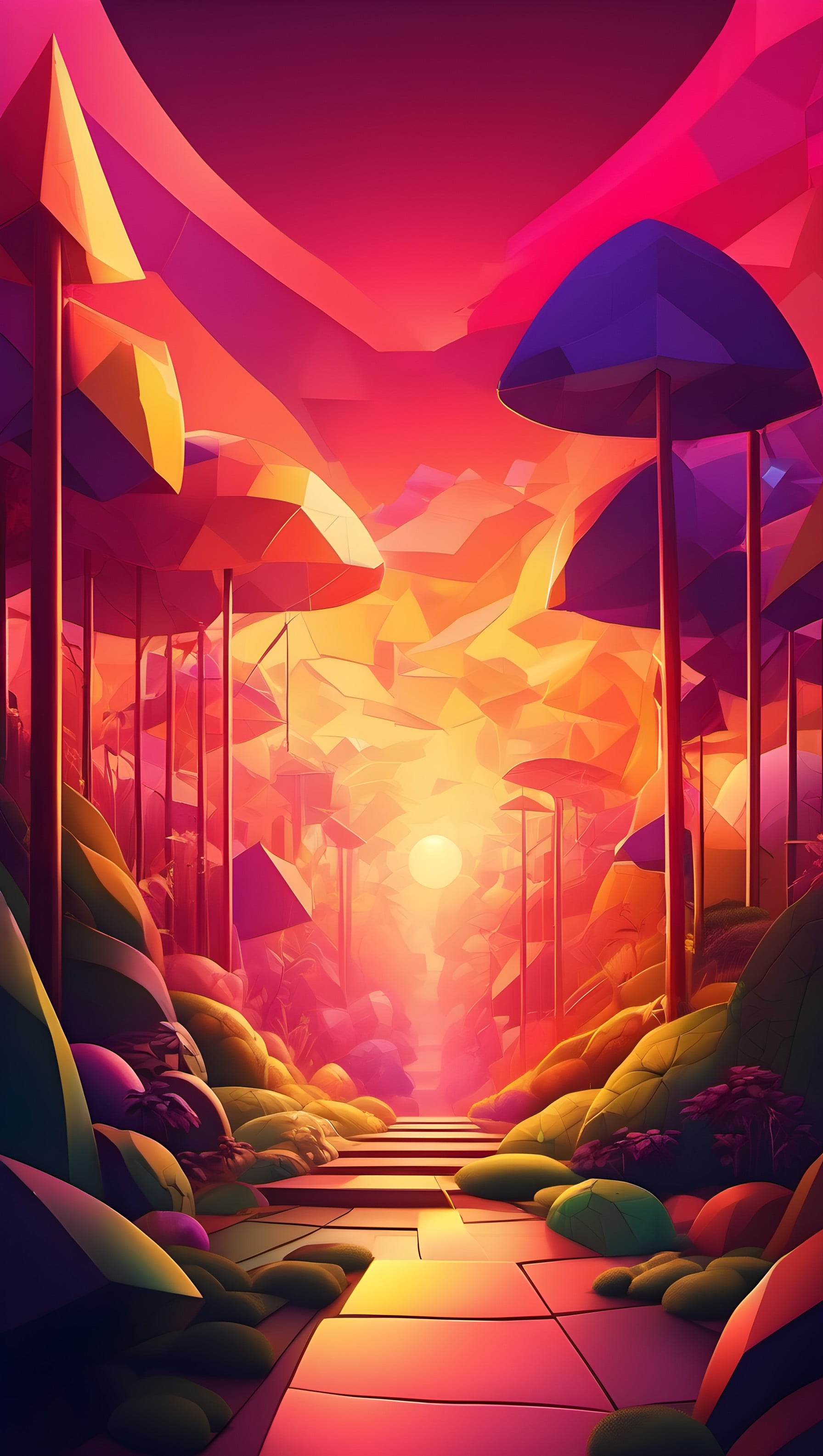 Vibrant Geometric Fantasy Path Mobile Wallpaper, geometric, abstract, low poly, vibrant, digital art, fantasy path