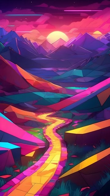 Vibrant Neon Mountain Landscape Path Sunset Wallpaper