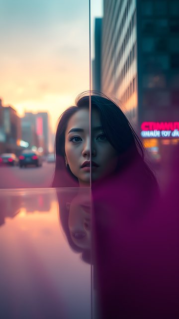 Split Face City Sunset Portrait with Neon Reflections
