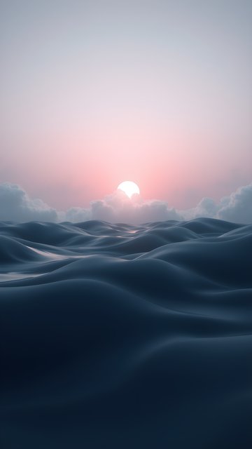 Minimalist Pink Sunset Over Abstract Blue Waves