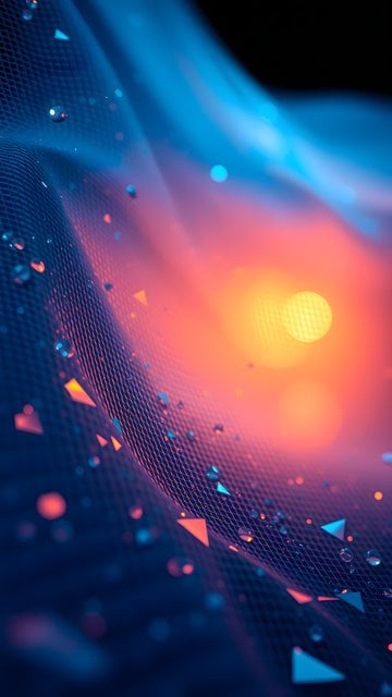 Vibrant Neon Grid Waves: Blue & Orange Abstract Particles