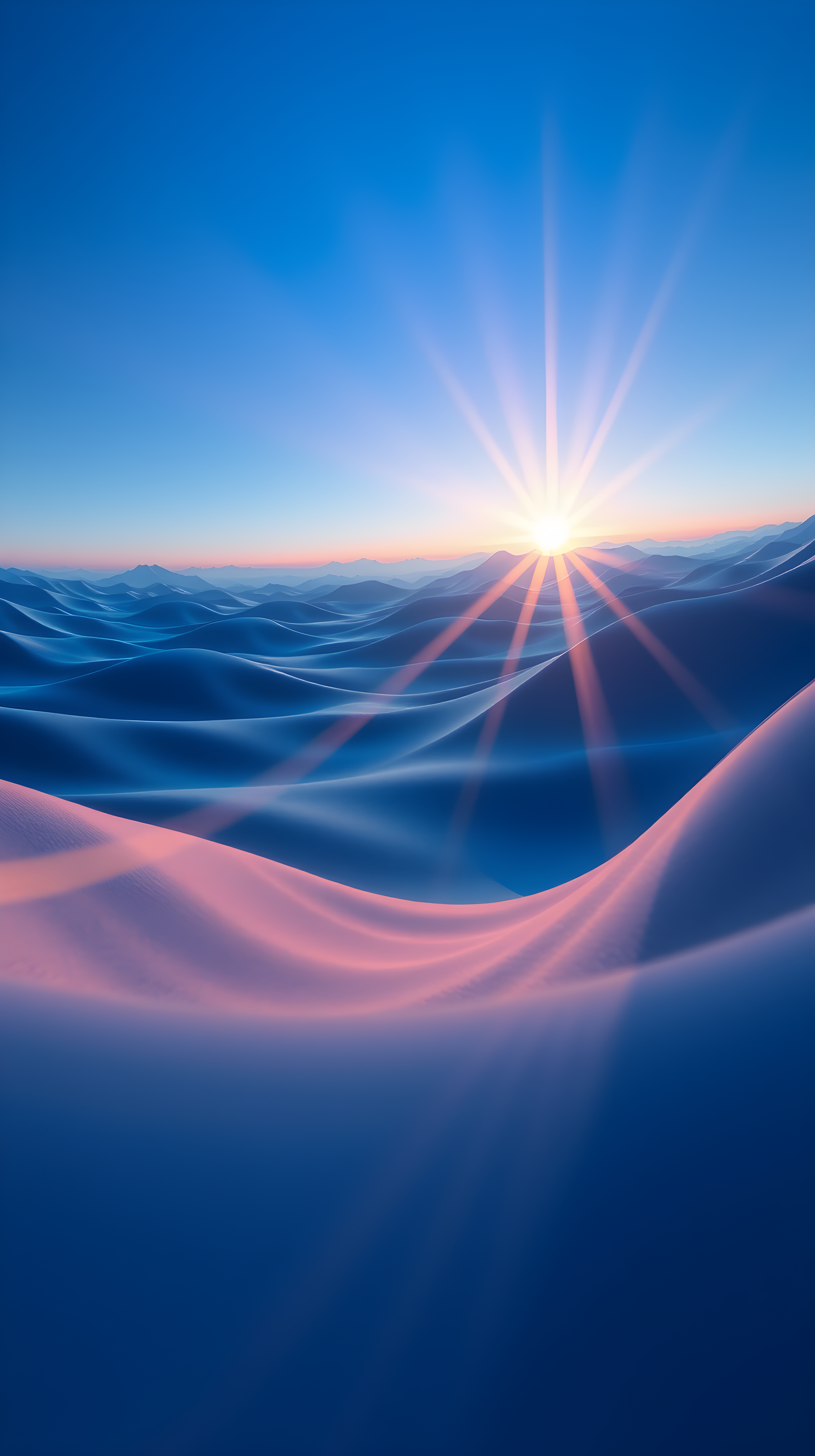 Radiant Sunrise Over Abstract Blue Dunes, abstract, sunrise, dunes, waves, blue, pink