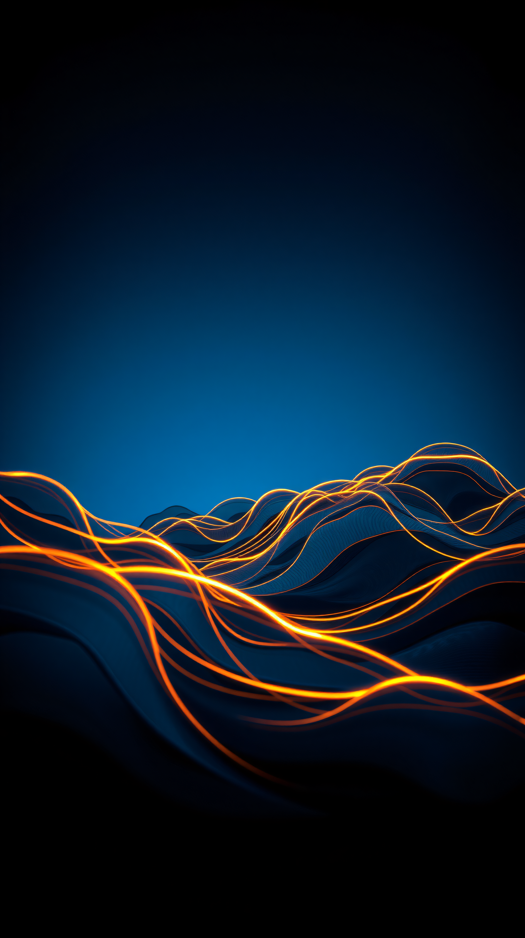 Abstract Dark Blue Waves with Glowing Orange Lines, abstract, digital art, waves, glowing lines, orange, blue