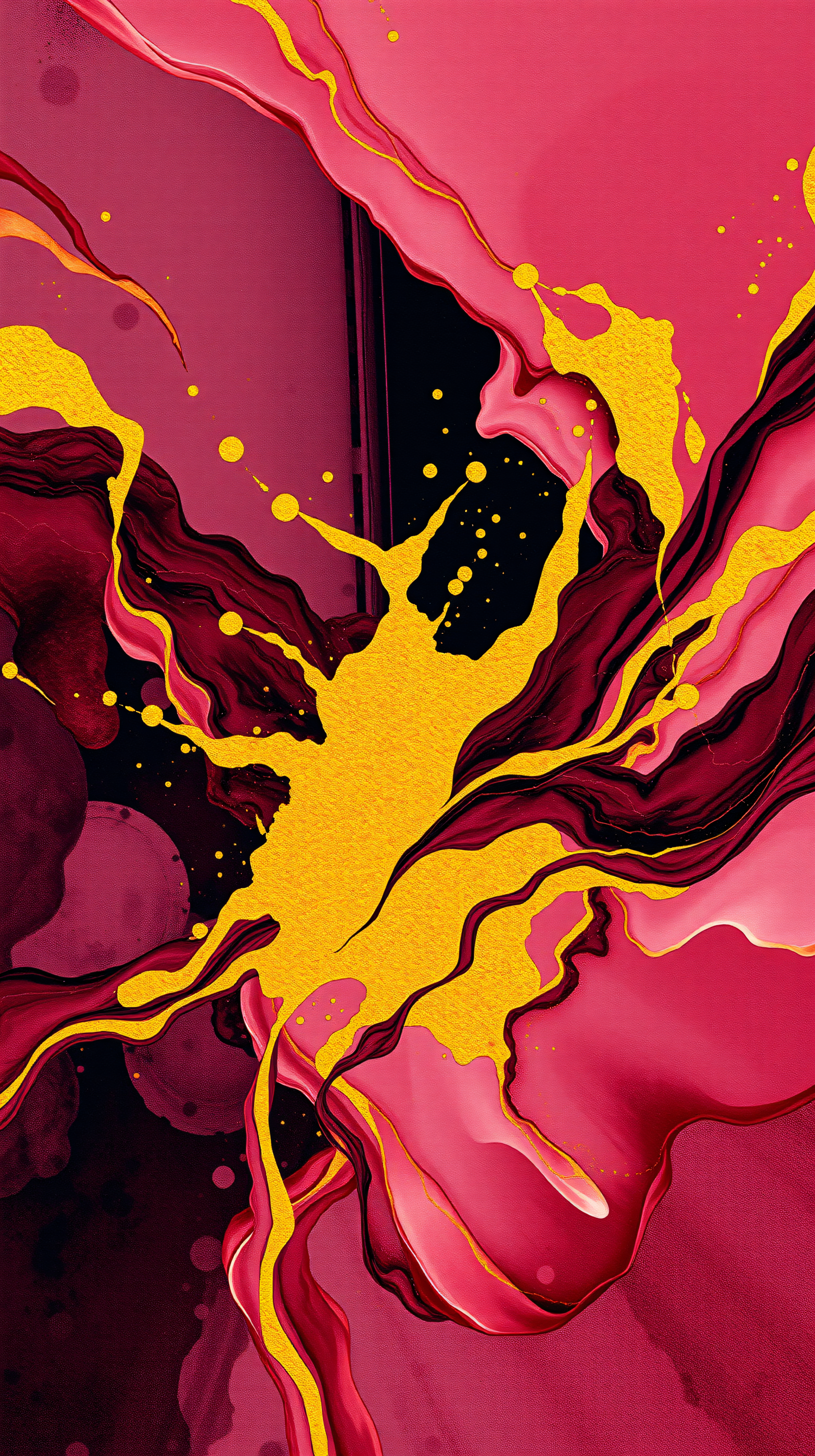 Abstract Gold Splatter on Crimson Fluid Art Wallpaper, abstract, fluid art, gold splatter, crimson, magenta, dynamic