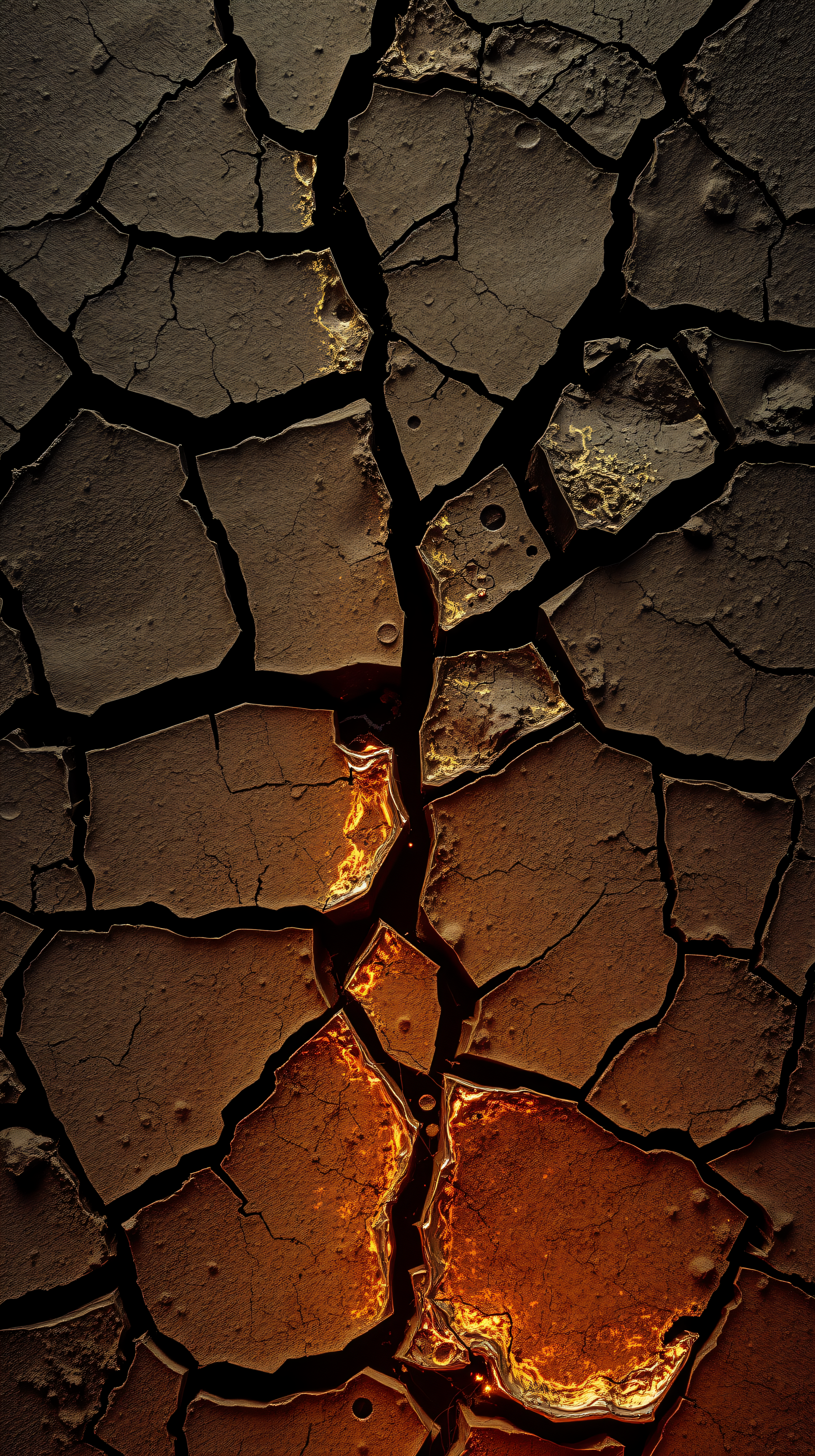 Cracked Earth with Molten Gold Lava Glow Wallpaper, cracked earth, lava, molten gold, dark, dramatic, abstract