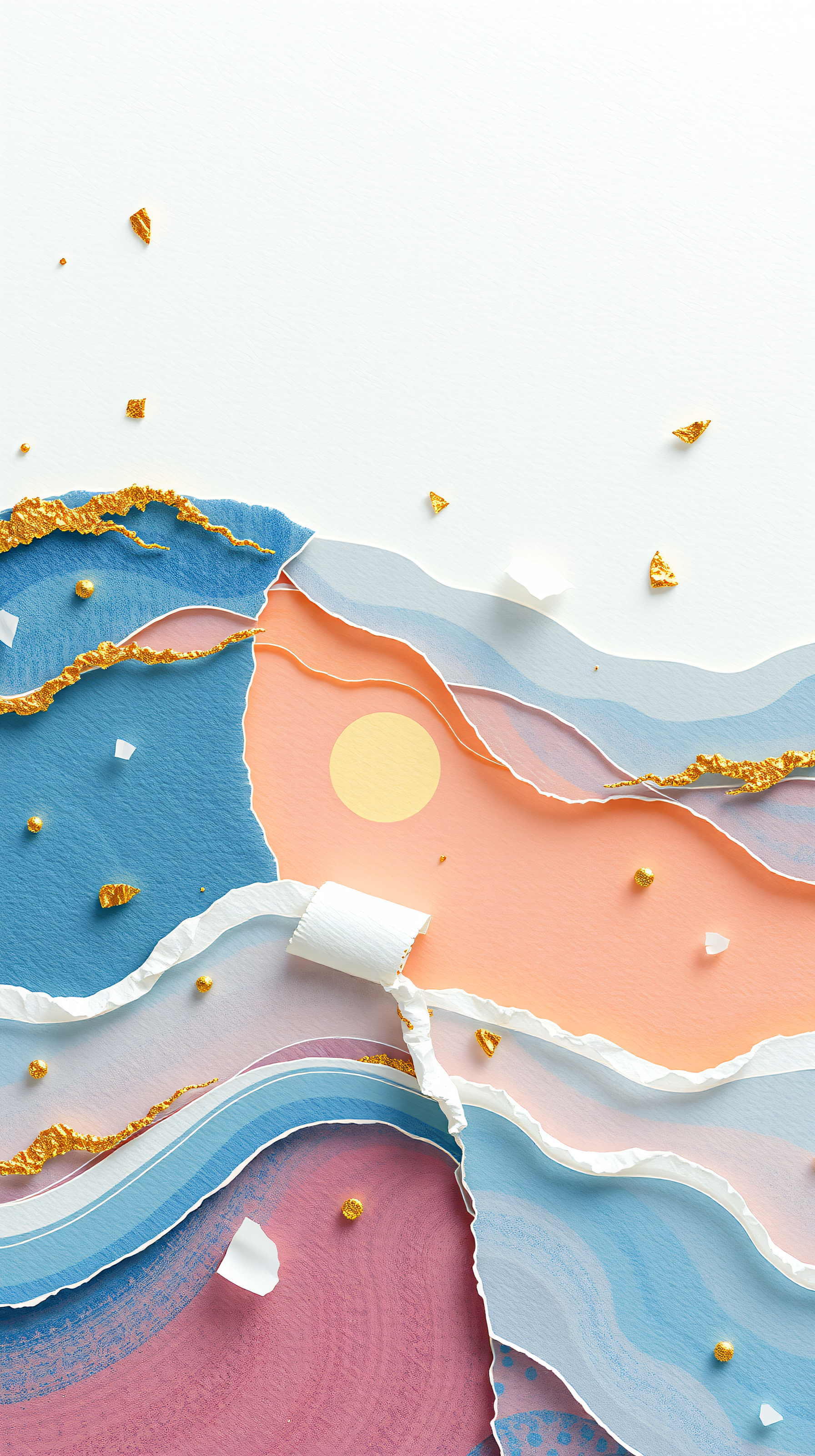 Abstract Paper Art Landscape with Gold Accents, abstract, paper art, torn paper, gold foil, pastel, waves