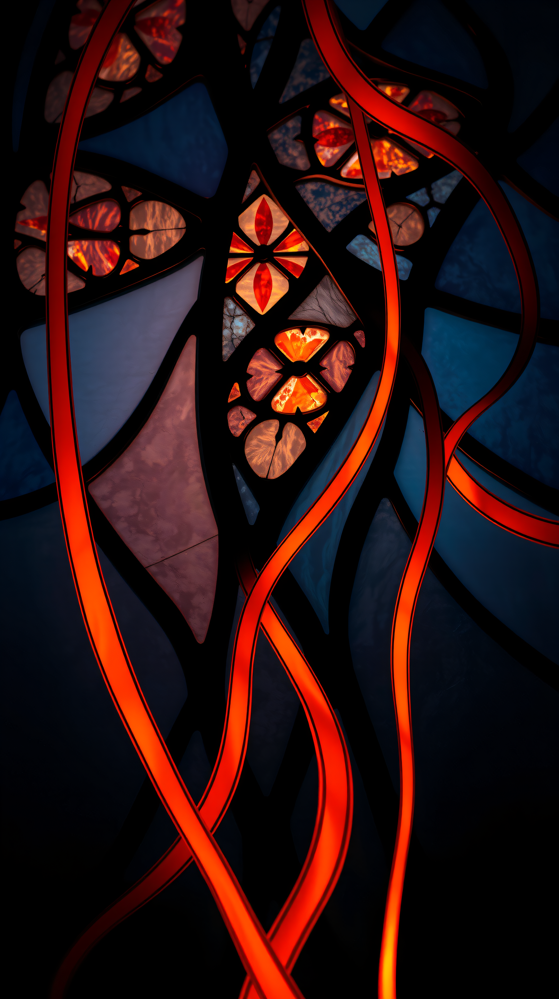 Abstract Neon Ribbons & Stained Glass Pattern, abstract, neon, glowing, ribbons, stained glass, dark