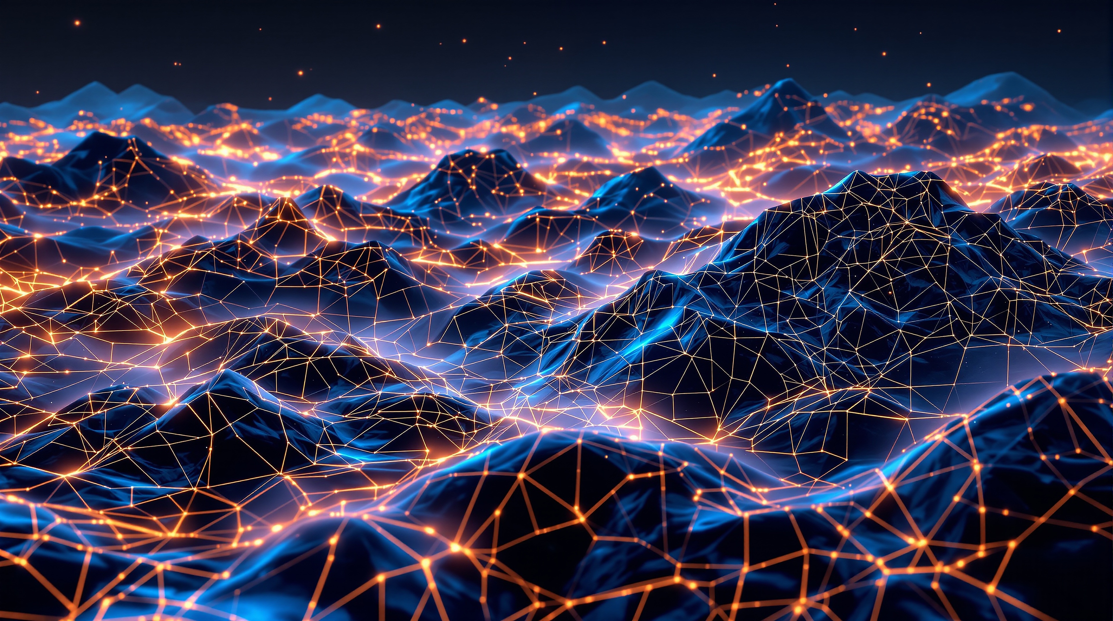 Abstract Neon Mountain Range Grid Wallpaper, abstract wallpaper, neon mountains, futuristic grid, digital art, glowing lines, blue orange wallpaper