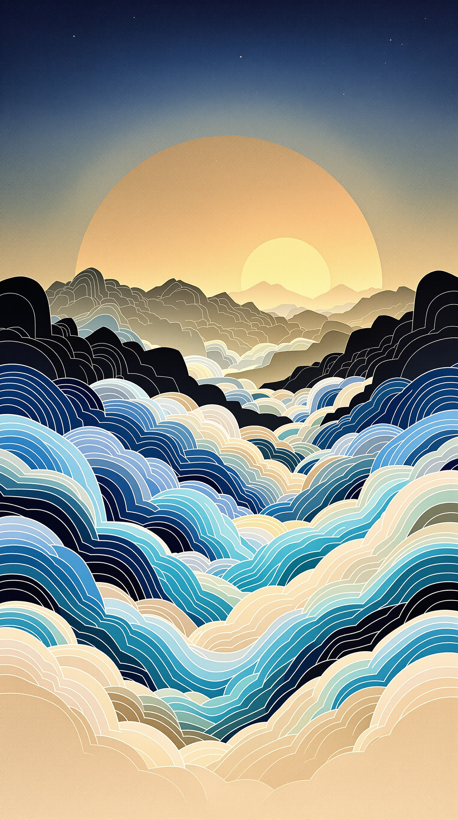 Minimalist Japanese Waves Sunset Landscape Wallpaper, japanese waves, minimalist landscape, sunset, ocean, mountains, blue and gold