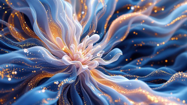Abstract Glimmering Blue-Gold Fractal Flower
