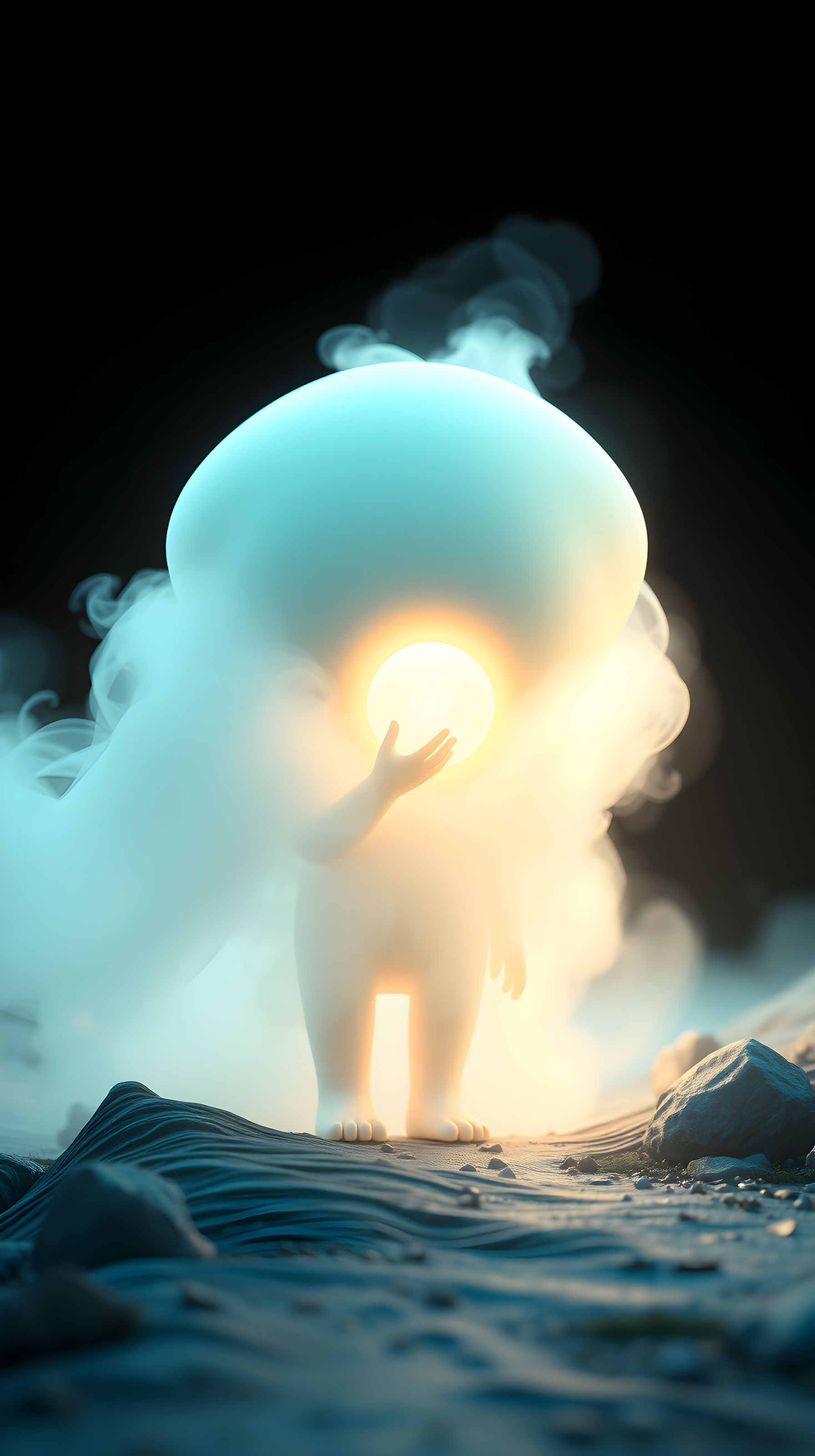 Mystical Glowing Orb Creature in Ethereal Mist, glowing orb, ethereal mist, mystical creature, cute character, 3d render, fantasy art