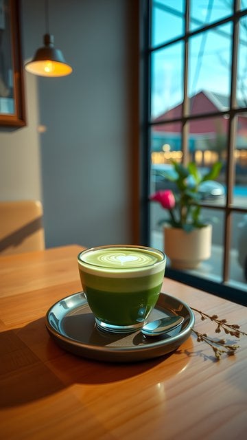 Cozy Matcha Latte with Heart Art by Sunny Cafe Window