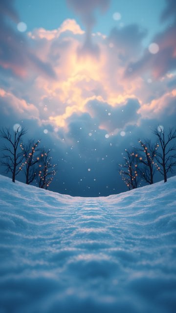 Magical Winter Snowscape at Sunset with Glowing Trees