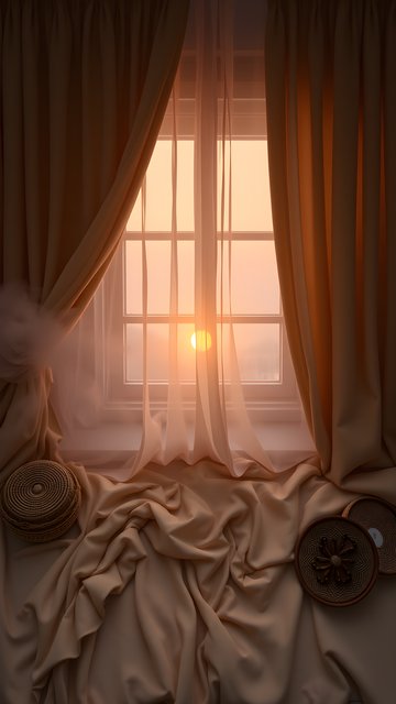Golden Hour Window View, Cozy Curtains