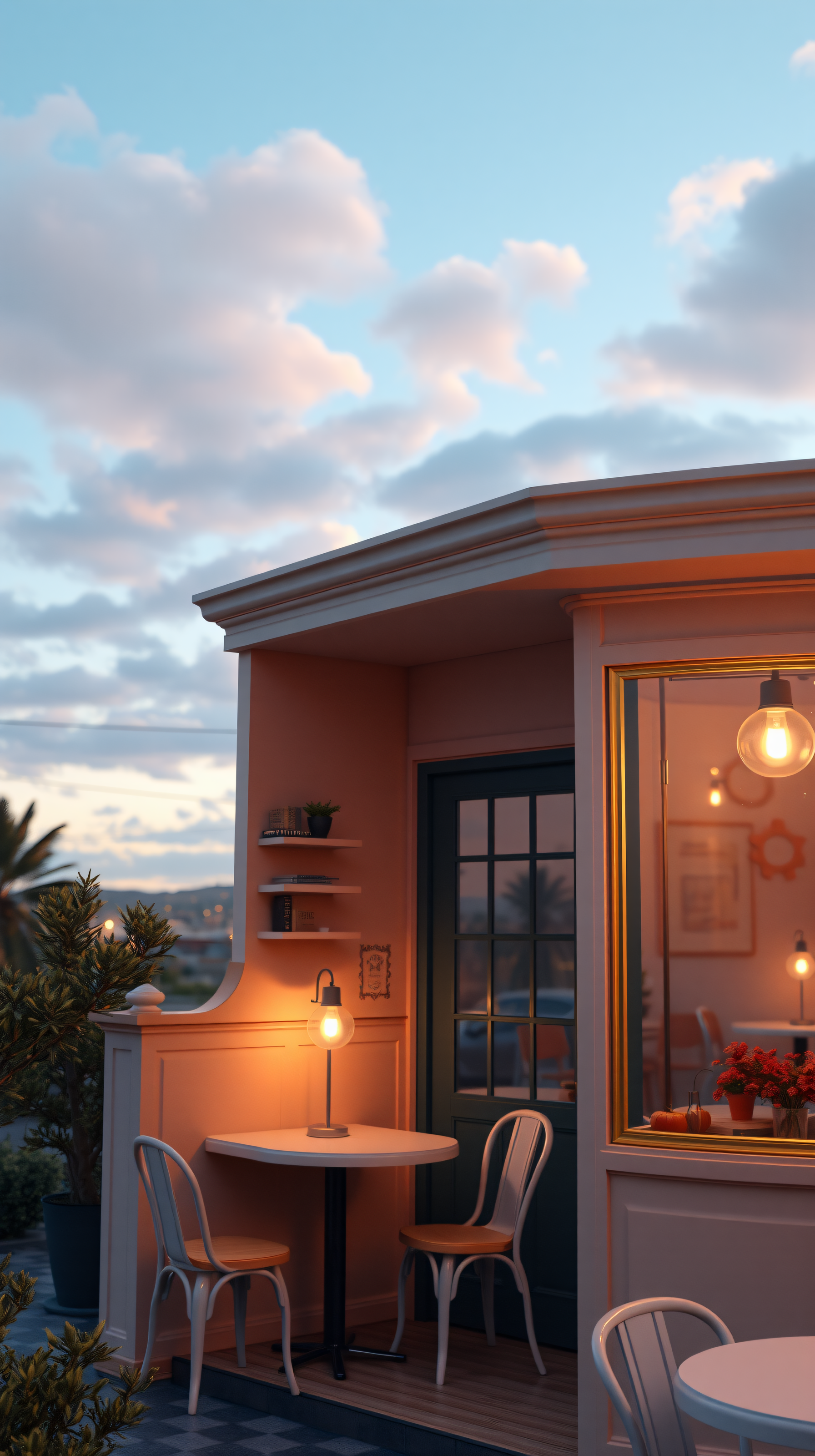 Cozy Cafe Terrace at Twilight with Warm Lights, cafe wallpaper, twilight, sunset, cozy aesthetic, outdoor cafe, warm lights