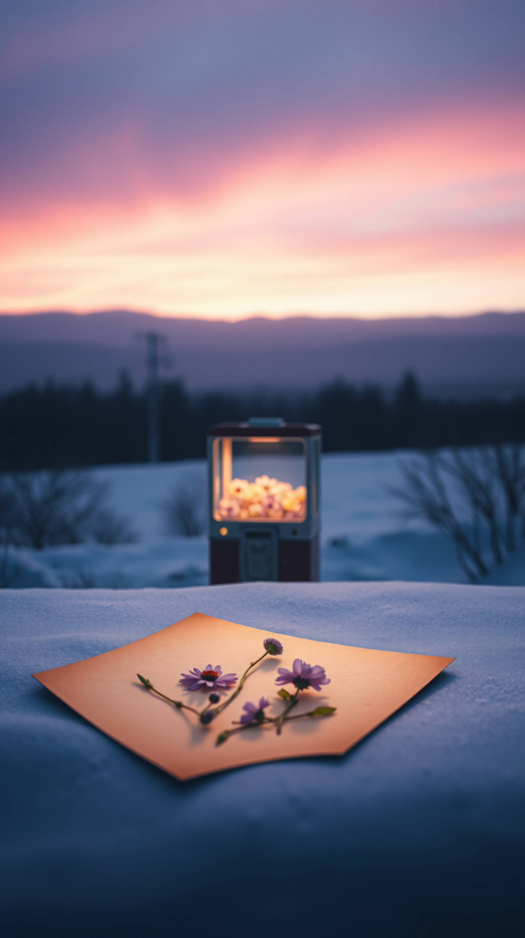Dreamy Winter Flowers on Snow Sunset Wallpaper, dreamy, aesthetic, winter, flowers, sunset, snow