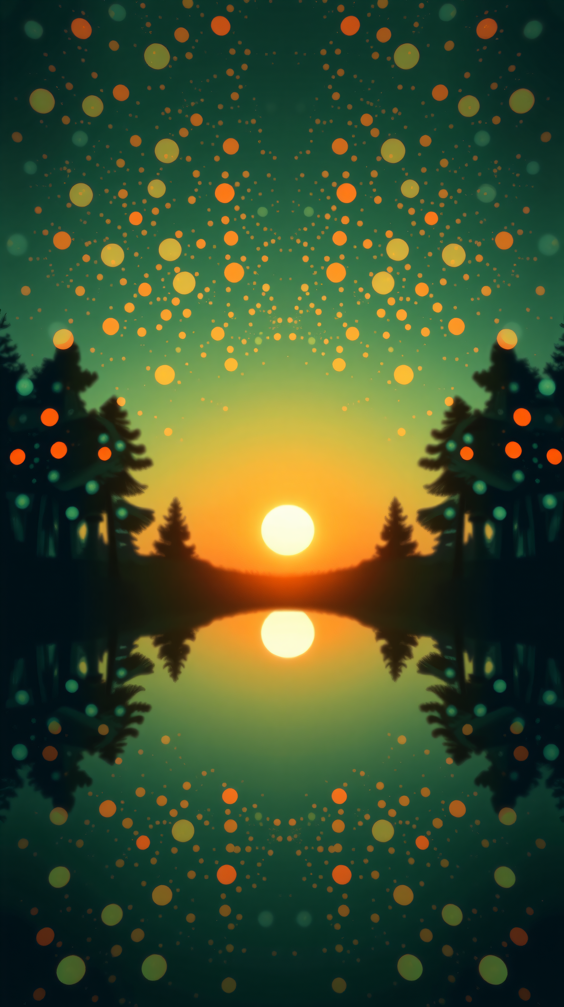 Dreamy Sunset Lake with Pine Silhouettes & Bokeh Lights, sunset, lake, forest, silhouette, bokeh, magical