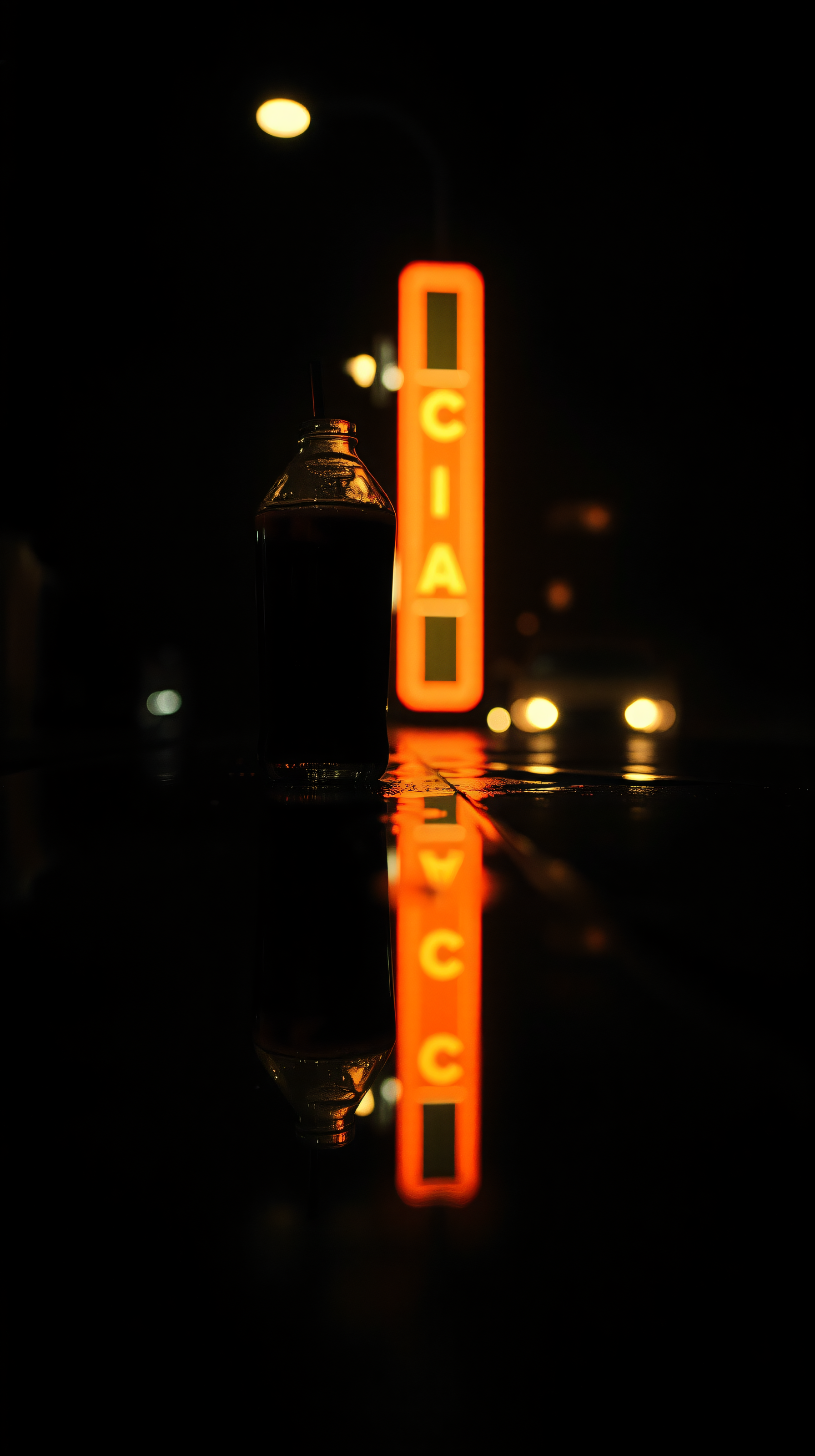 Moody Urban Night Bottle with Neon Reflection, dark, night, neon, bokeh, reflection, bottle