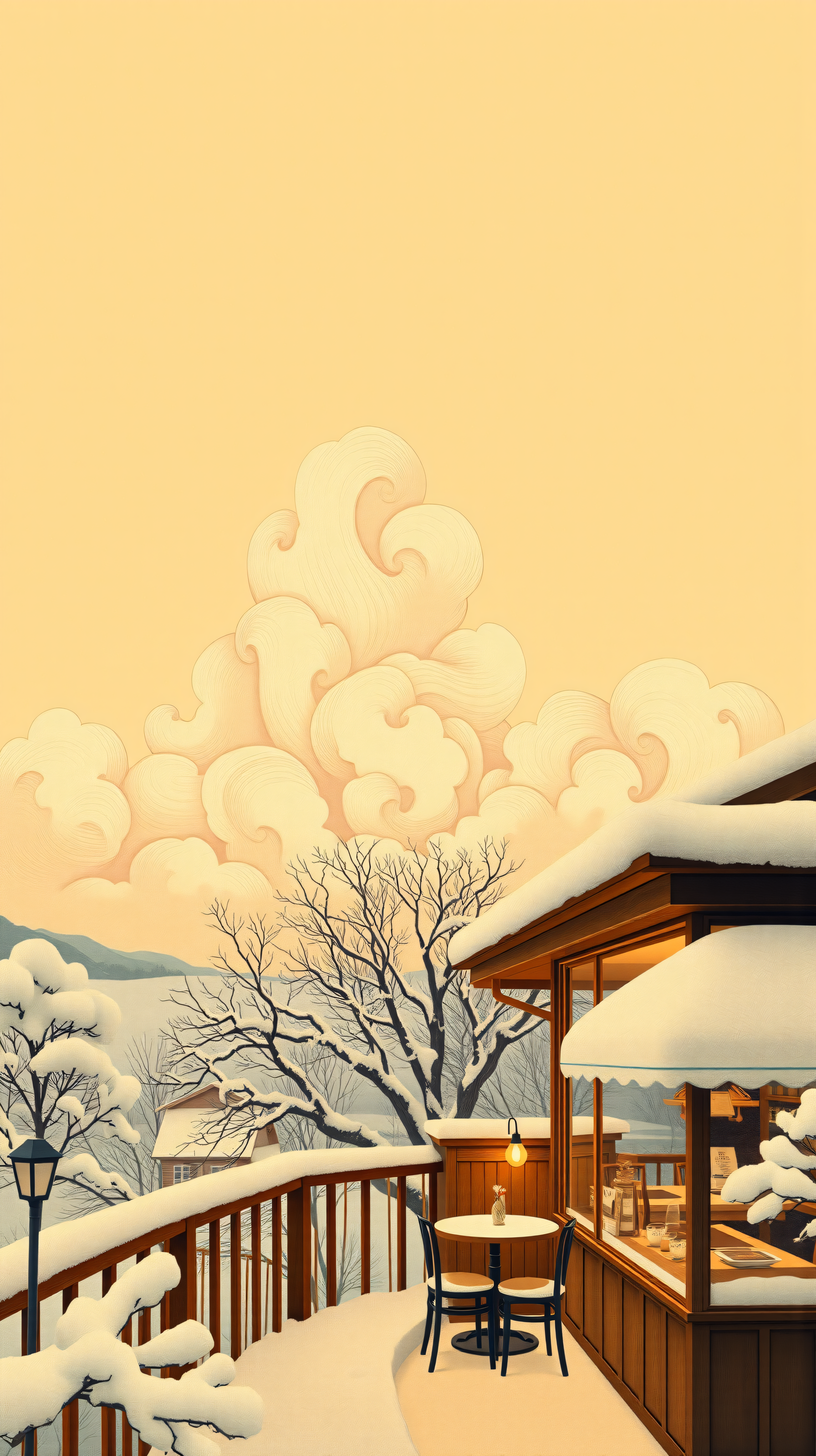 Cozy Winter Balcony View with Golden Japanese Clouds, winter, snow, japanese aesthetic, cozy, peaceful, balcony