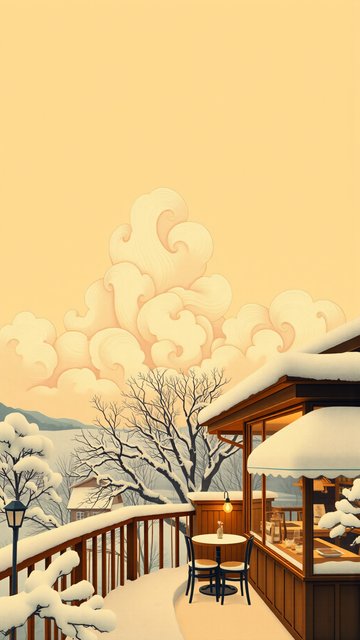 Cozy Winter Balcony View with Golden Japanese Clouds