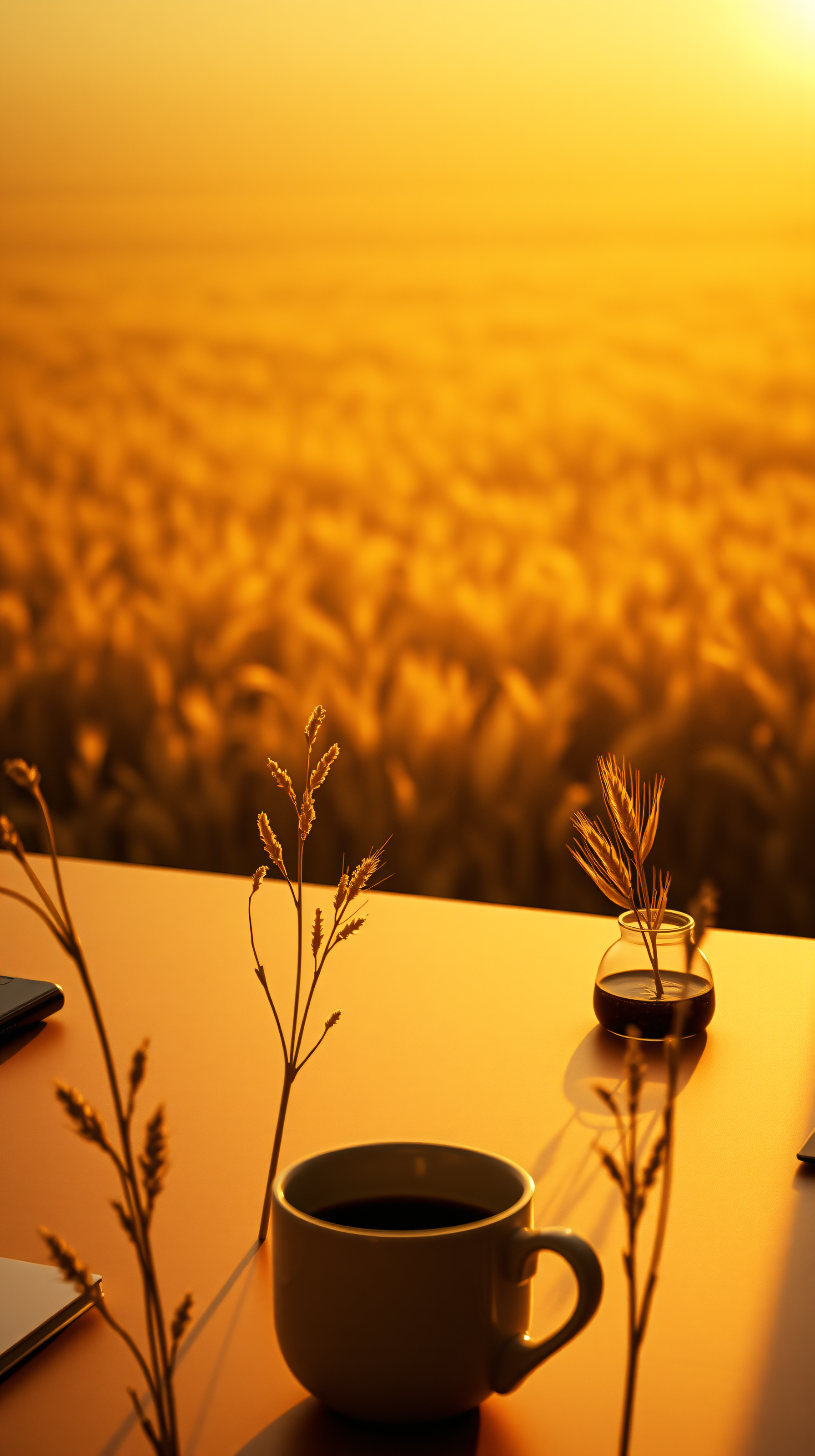 Aesthetic Golden Hour Coffee in Wheat Field, golden hour, wheat field, coffee mug, sunrise, sunset, autumn
