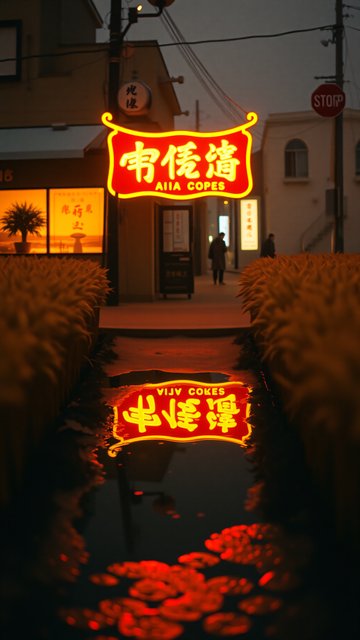 Retro Neon Street Reflection at Night