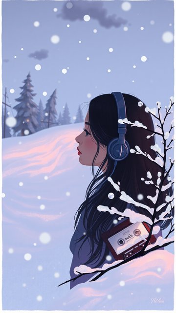 Dreamy Winter Serenity: Girl, Headphones & Cassette Snow