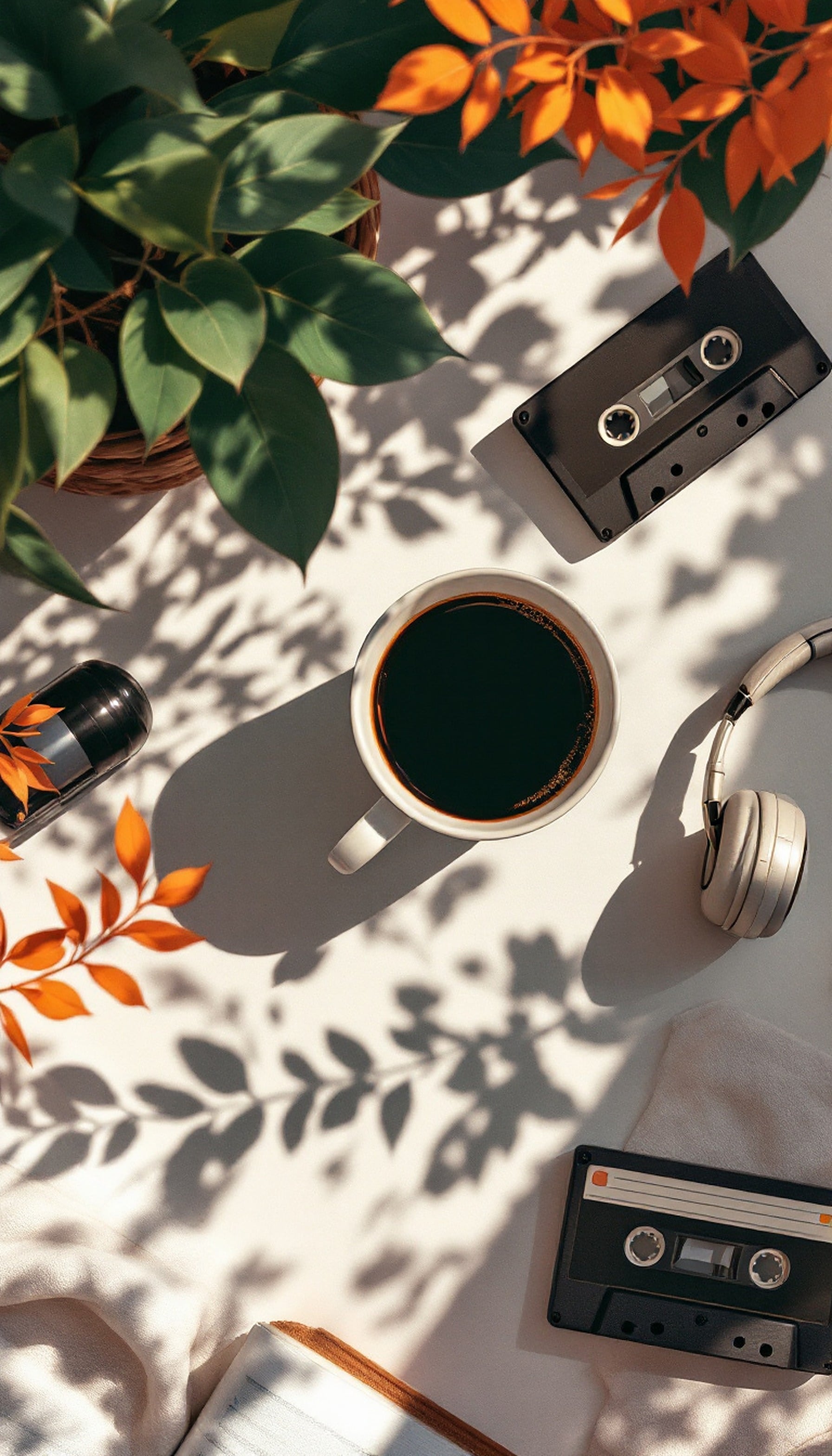 Retro Aesthetic Coffee Break with Cassettes, retro aesthetic, coffee, cassette, vintage, headphones, top down