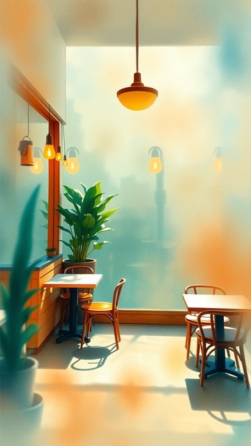 Sunny Cafe Interior with Golden Glow