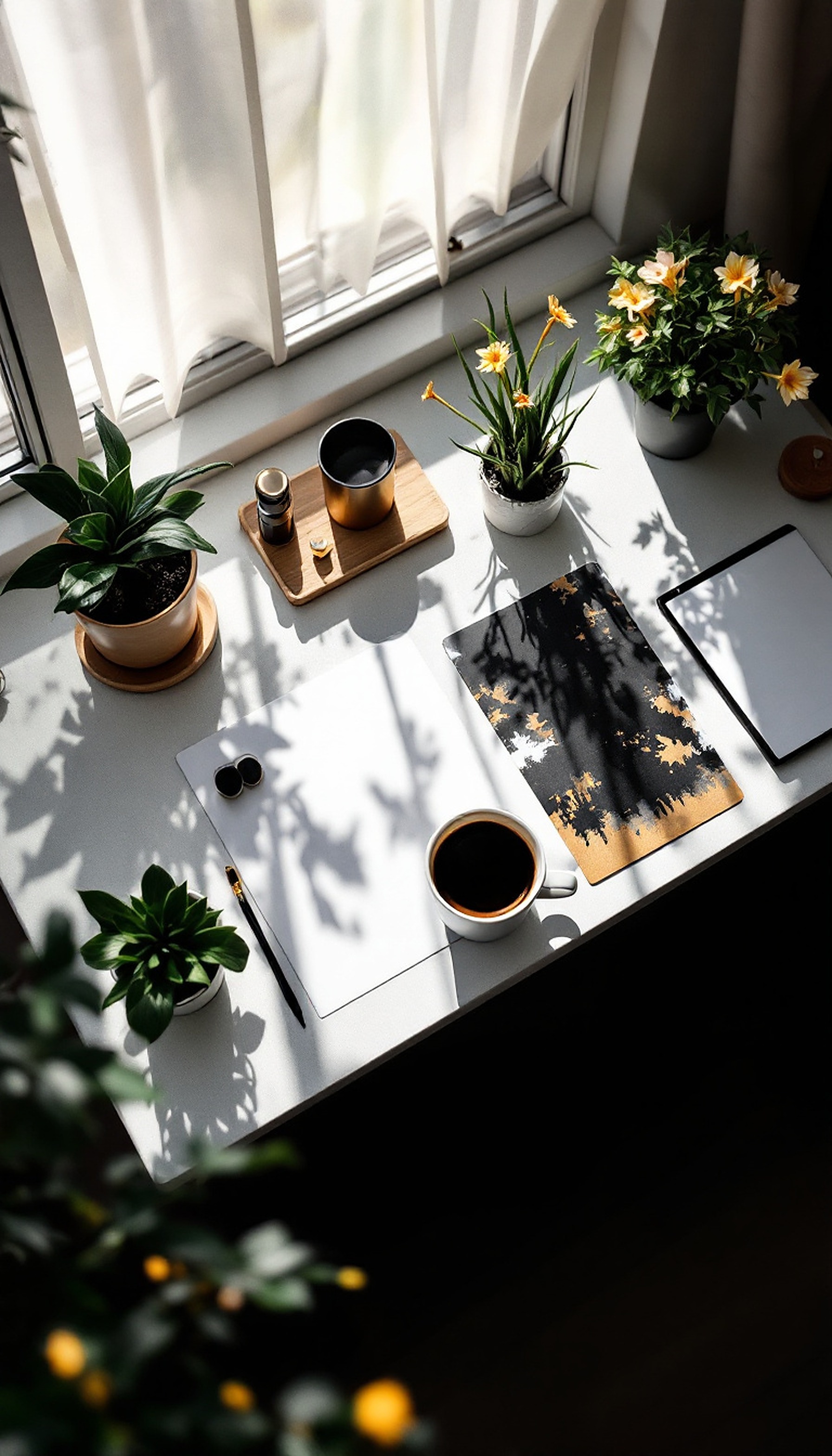 Sunny Window Desk with Coffee & Plants, desk setup, morning light, indoor plants, coffee, minimalist, aesthetic