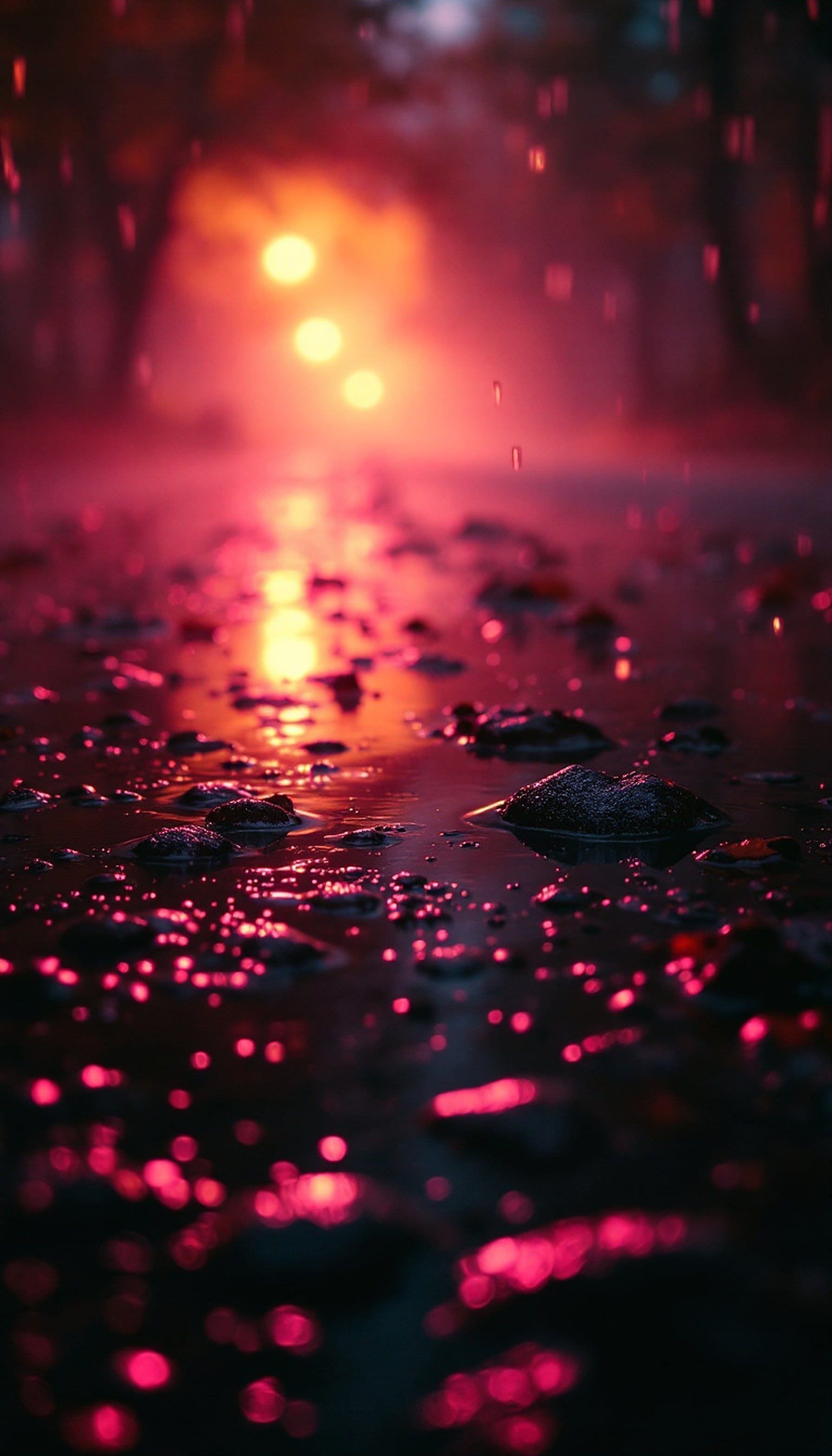 Neon Pink Rain Street, Glowing Streetlights, rain street, neon pink, glowing lights, moody aesthetic, bokeh wallpaper, dark fuchsia