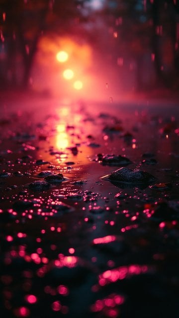 Neon Pink Rain Street, Glowing Streetlights