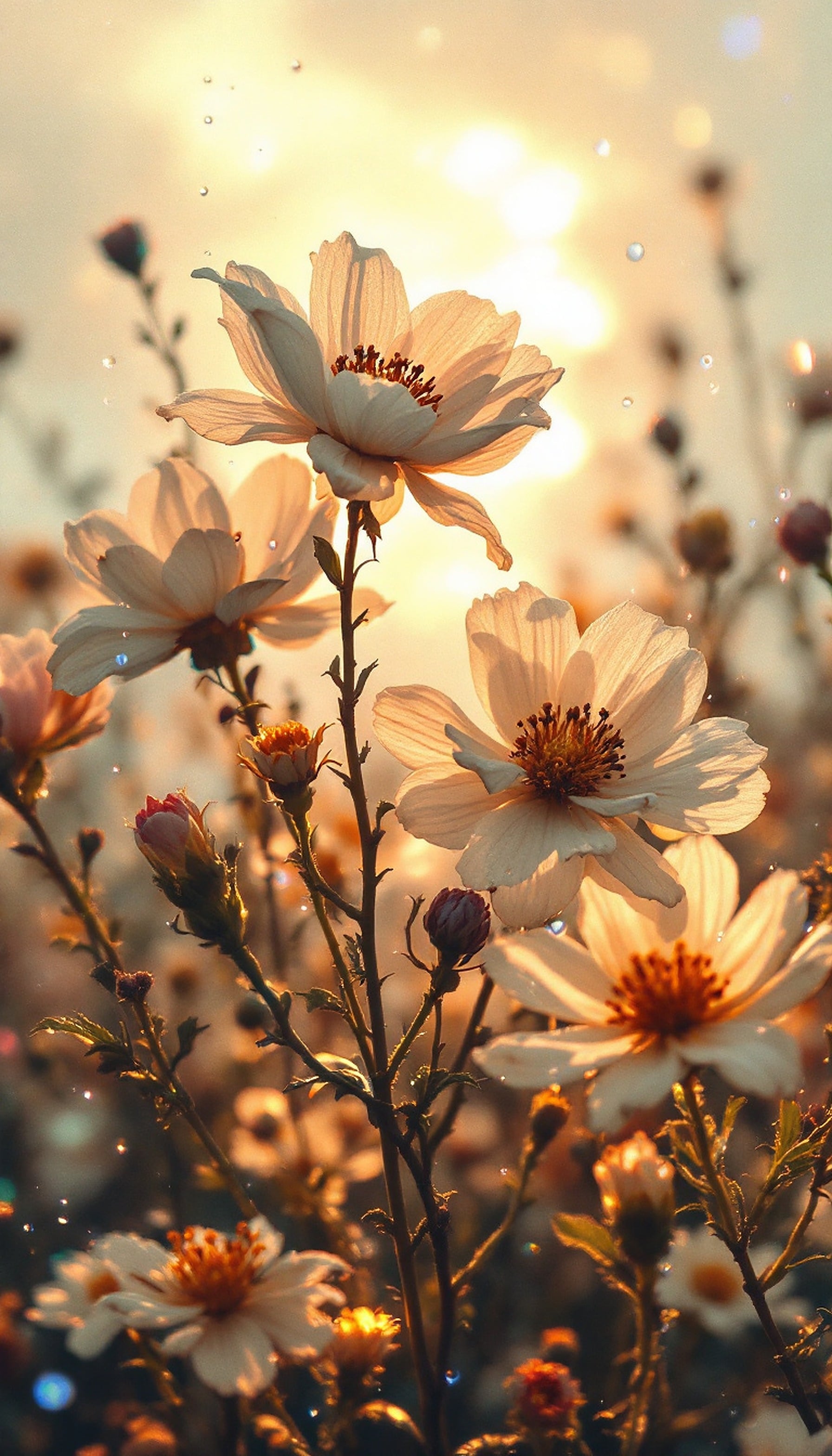 Golden Hour White Cosmos Floral Dream, cosmos, white flowers, golden hour, floral, bokeh, dreamy