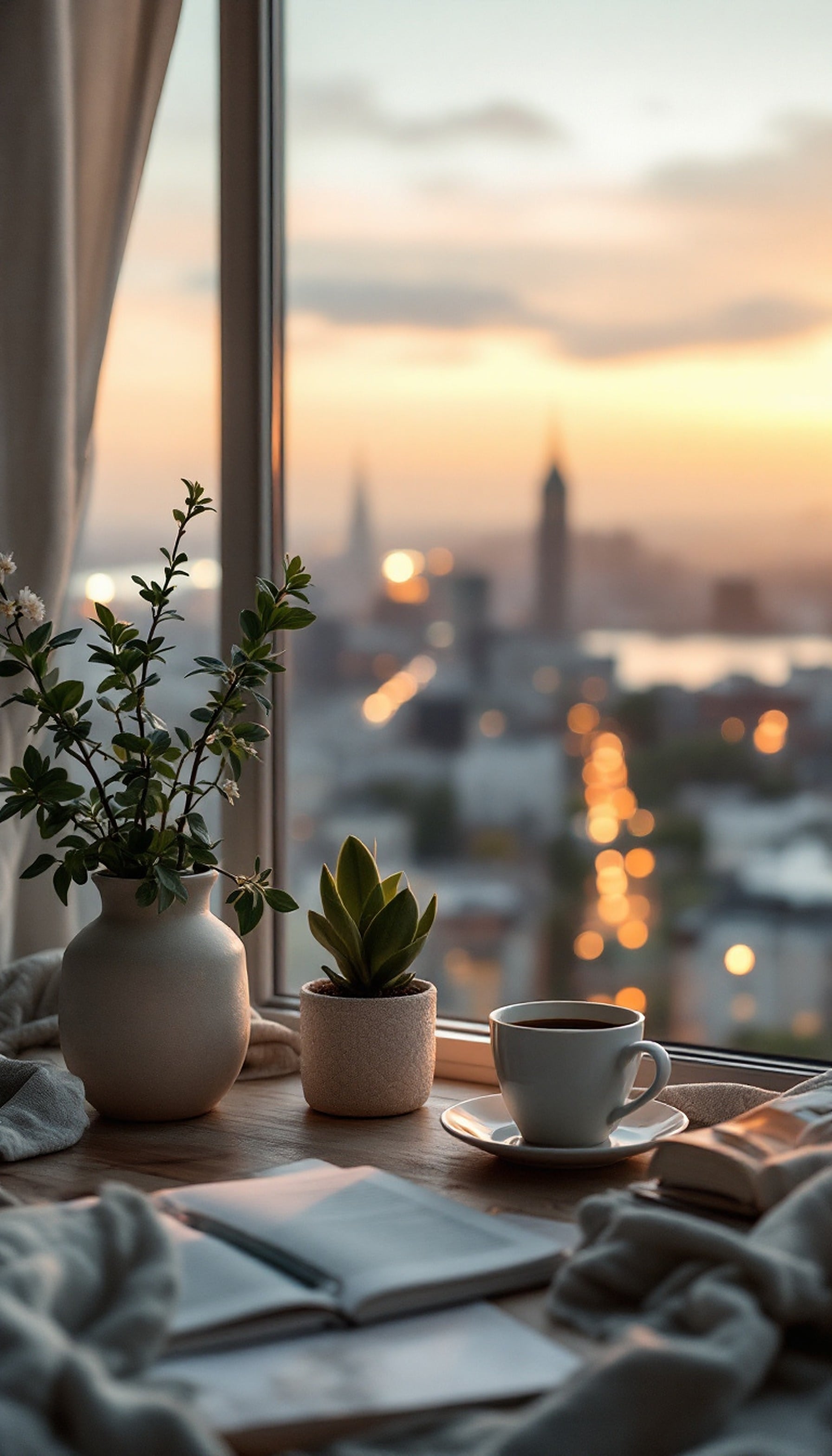 Cozy Window Coffee Aesthetic City Sunset View, cozy aesthetic, coffee wallpaper, sunset city view, window sill, plant decor, warm tones