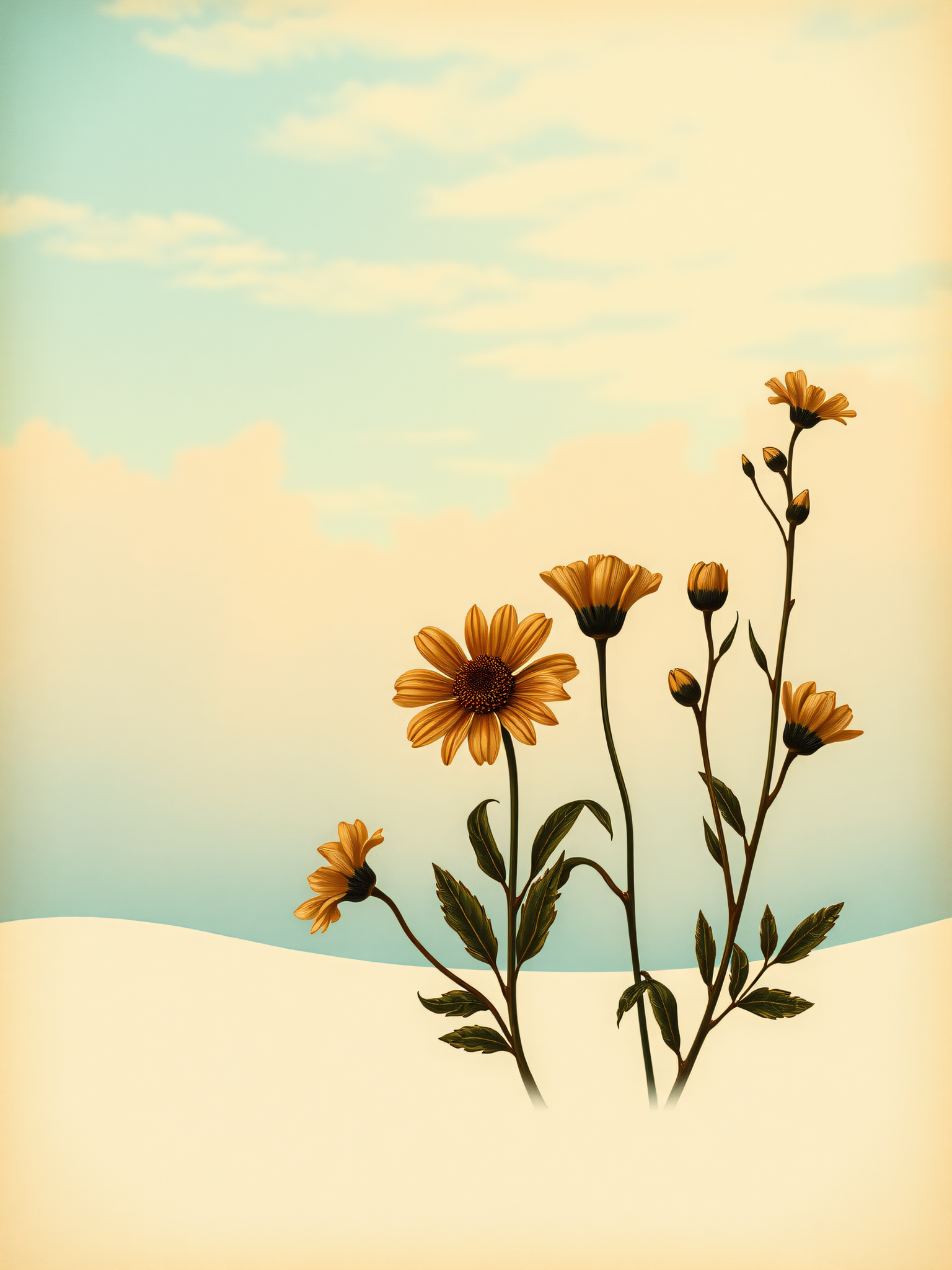Minimal Yellow Flowers, Pastel Sky Landscape, yellow flowers, pastel sky, minimalist nature, cream, aesthetic wallpaper, calm