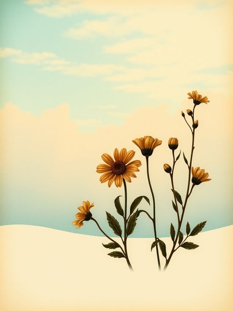 Minimal Yellow Flowers, Pastel Sky Landscape