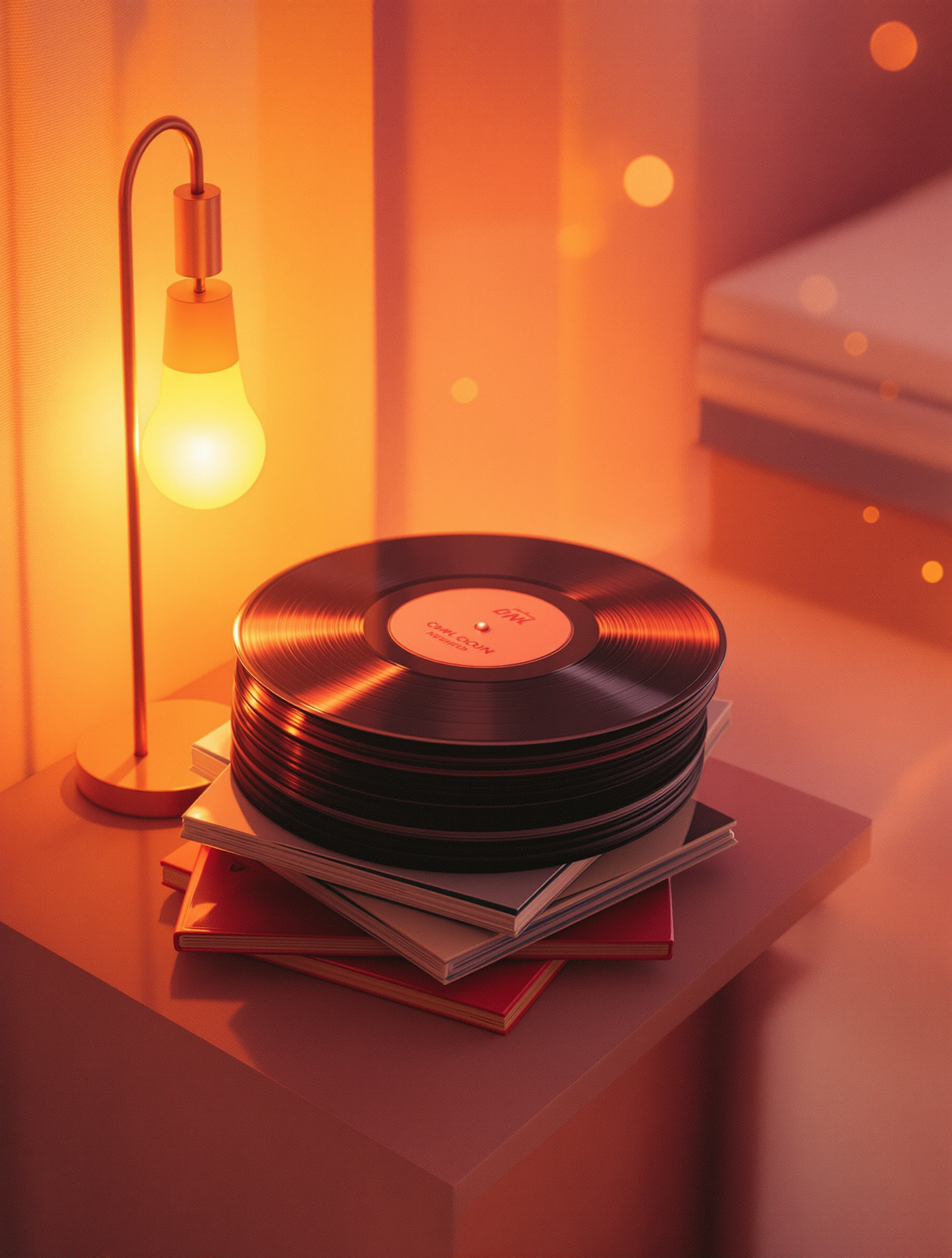 Warm Glow Vinyl Records Books Aesthetic, vinyl records, books, warm aesthetic, cozy vibes, orange glow, table lamp