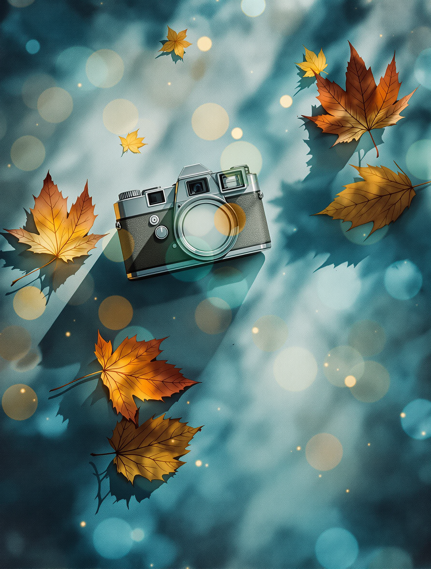 Autumn Camera Bokeh Wallpaper, autumn wallpaper, fall leaves, vintage camera, bokeh lights, maple leaves, cozy aesthetic