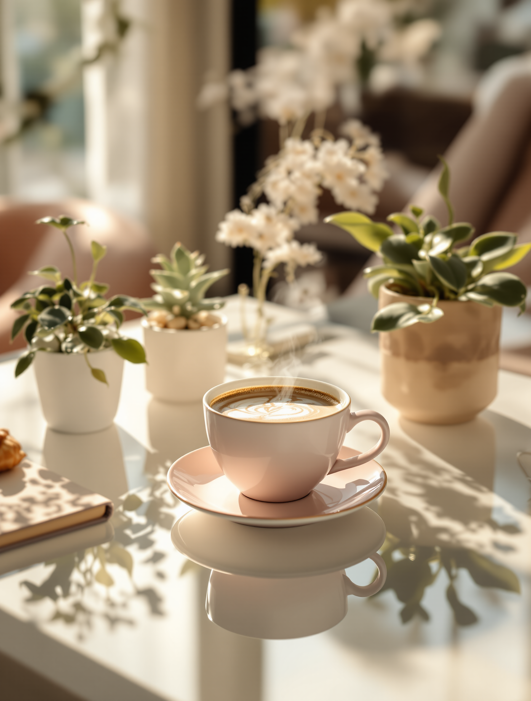 Steaming Coffee Cup on Sunny Aesthetic Table, coffee, latte art, aesthetic, pink coffee cup, steaming coffee, minimalist