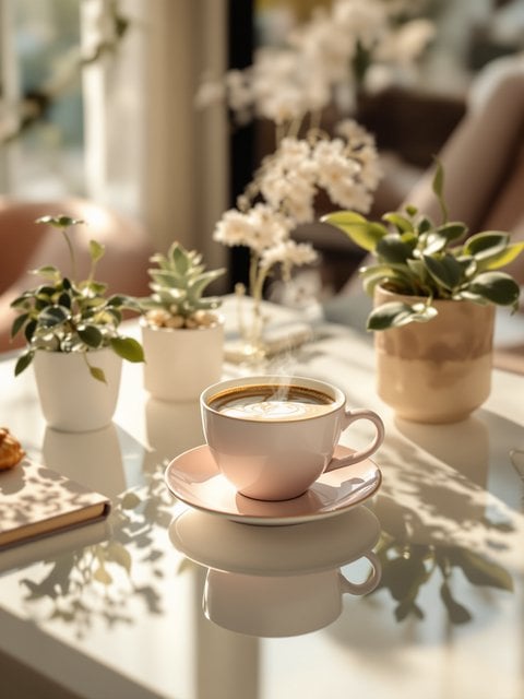 Steaming Coffee Cup on Sunny Aesthetic Table